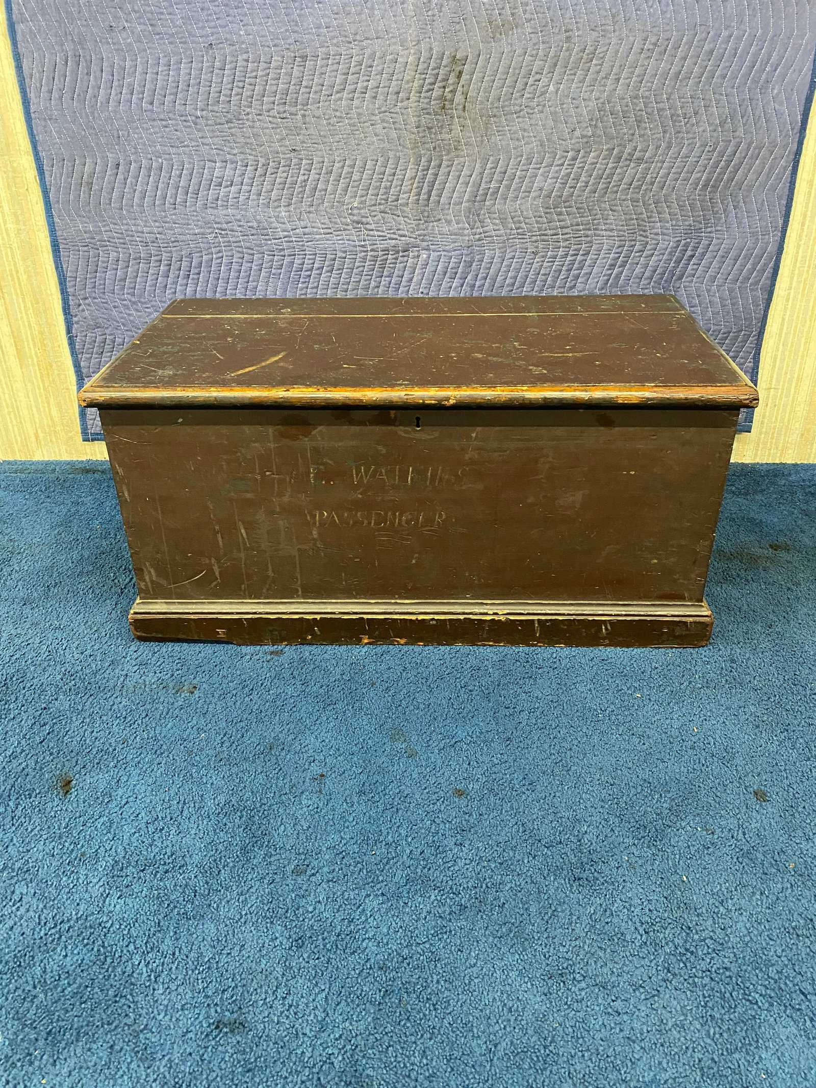 Antique Immigrant's Chest: 19" x 40" x 22". Has original stenciling & handles.
