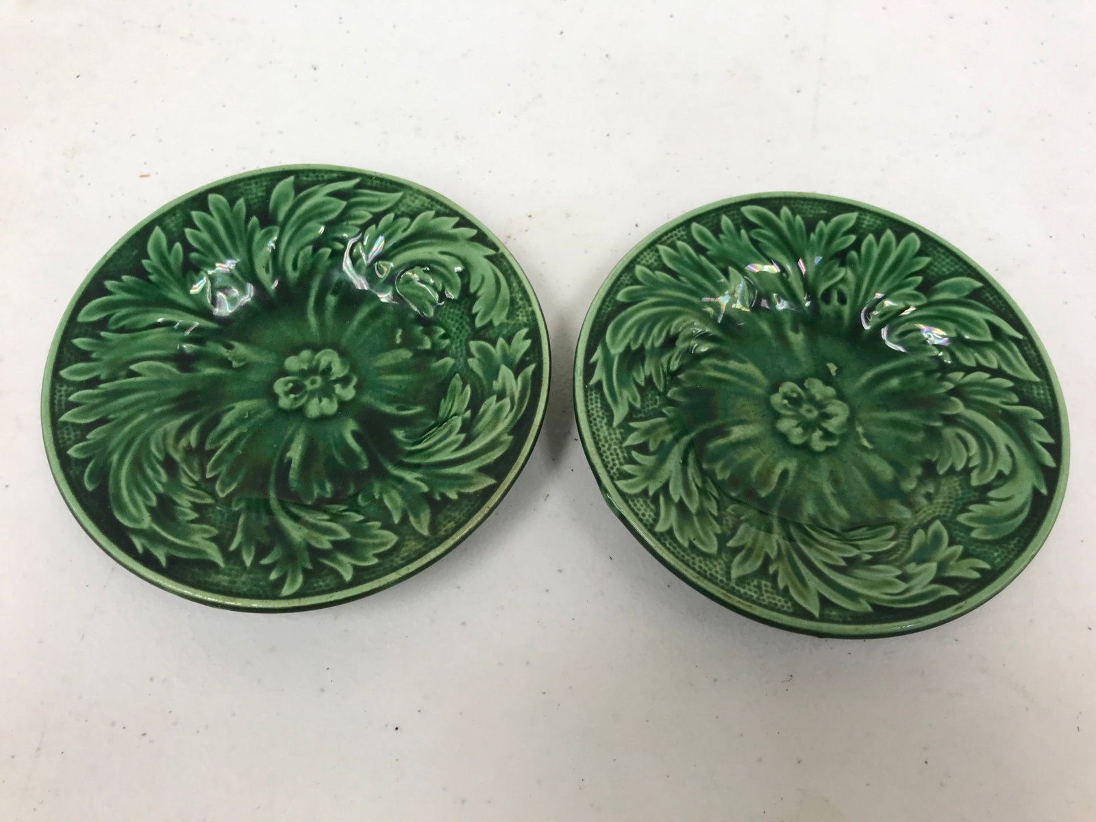 Pair of Majolica Butter Pats: 4" W