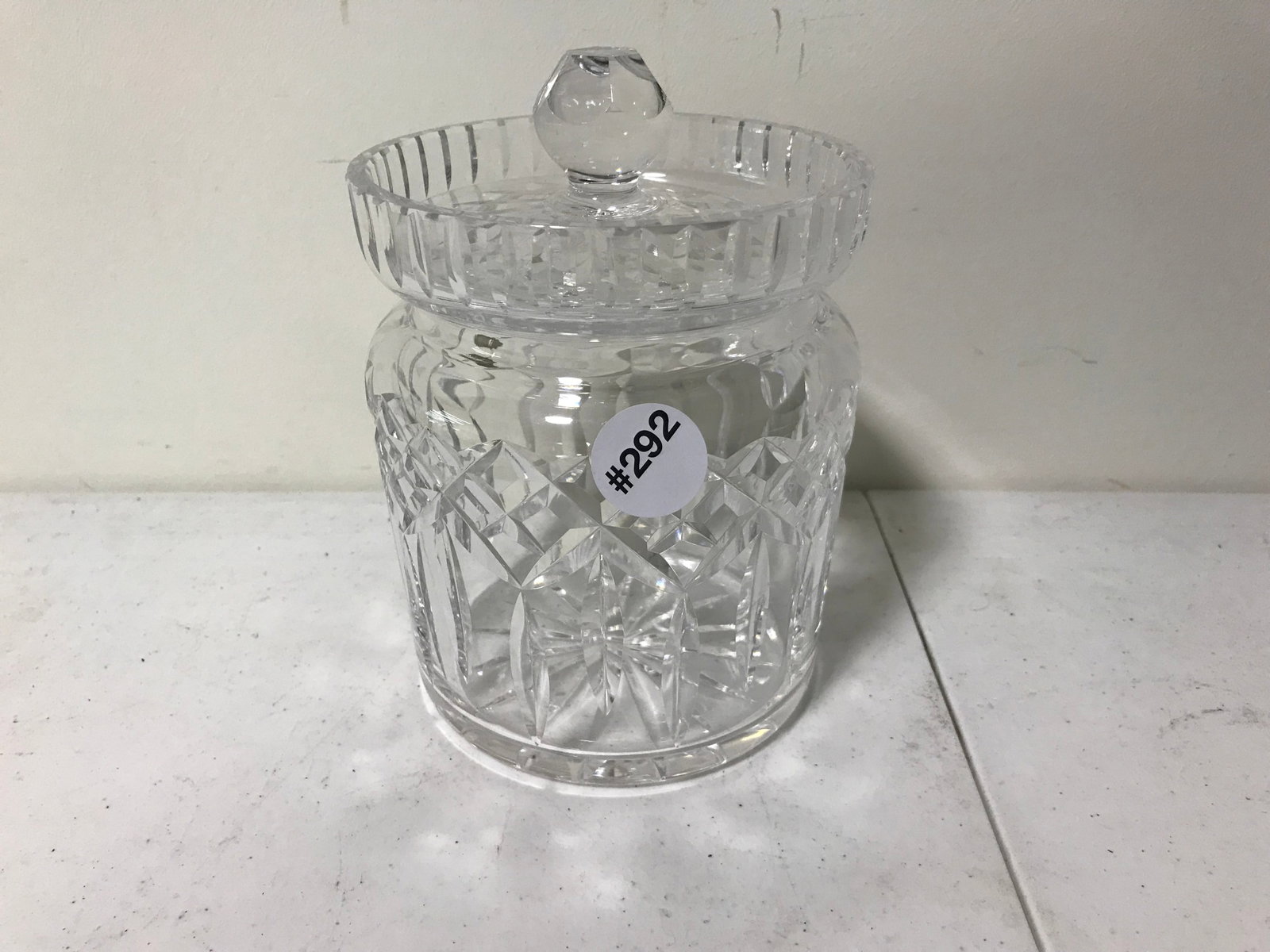 Waterford Lismore Biscuit Jar: Has original sticker and marked on base. Measures 7.5" High.