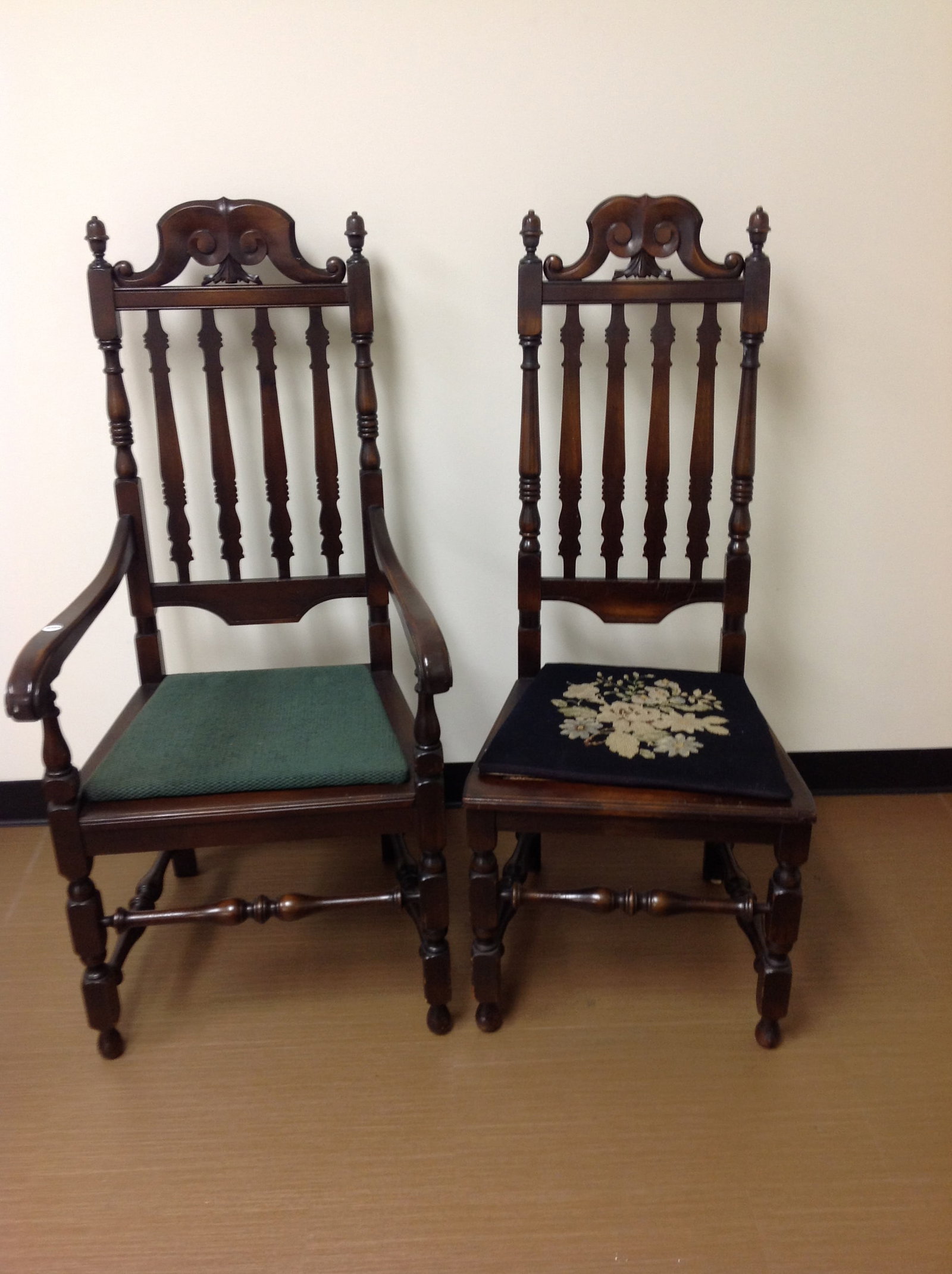 Pair of Walnut Chairs: Armchair 48" x 24" x 22".