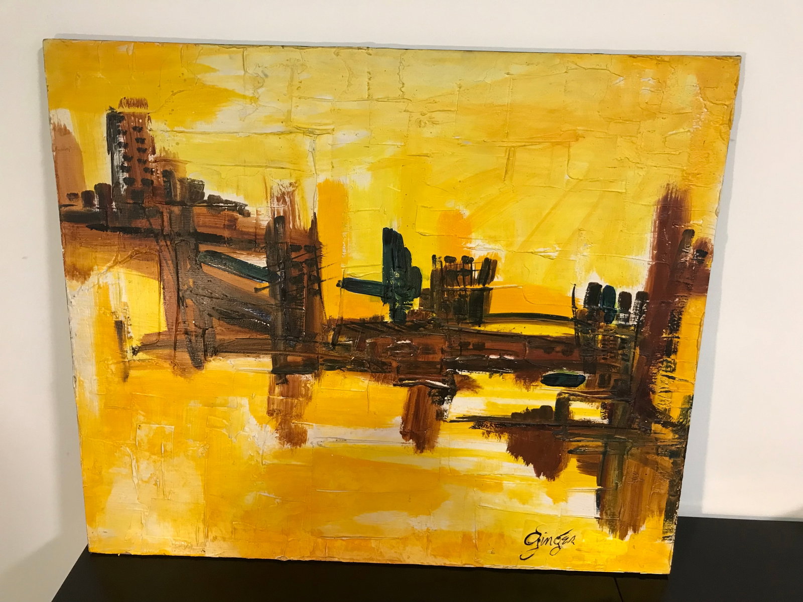 Ginger Virginia Wright 1940-2021: SLR, "Ginger 1970". hand painted city scene, painted on wood. About the Artist:Ginger (Virginia) Wright (1940-2021) exhibited a flair for art and fashion at an early age. She began her formal training