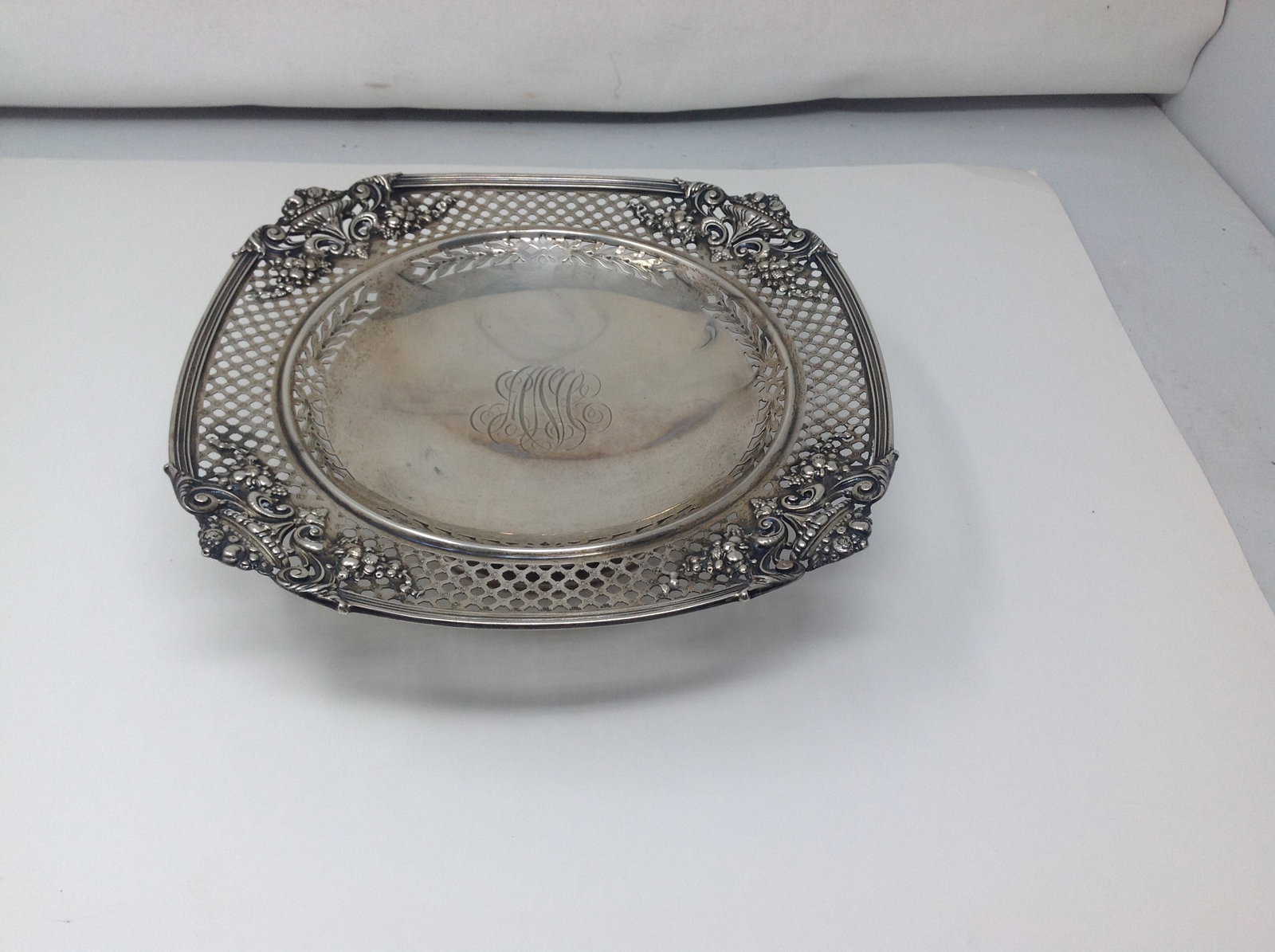 J.E. Caldwell Neoclassical Sterling Compote: monogrammed, marked on base, cornucopia Urn of flowers. 2.5"x11". 16.15ozt.