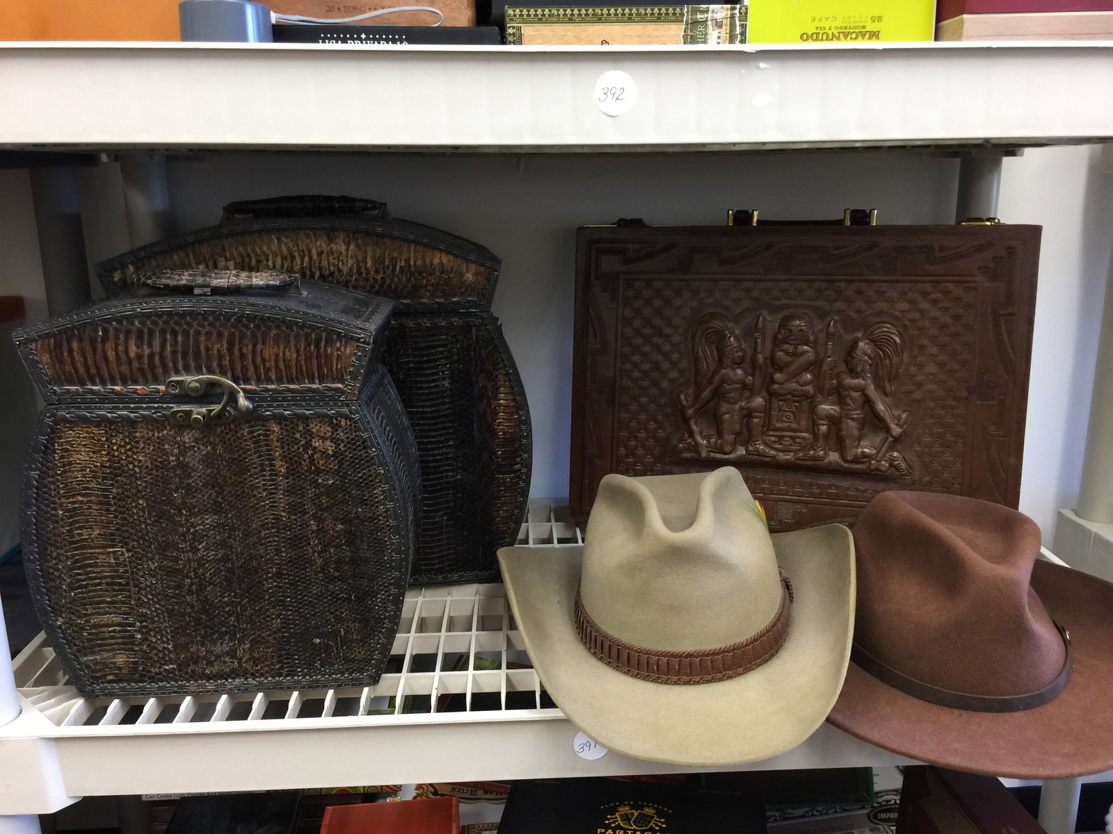 Mixed Lot: Includes a 16" x 12" carved briefcase, faux wicker boxes and a Stetson wool and another.