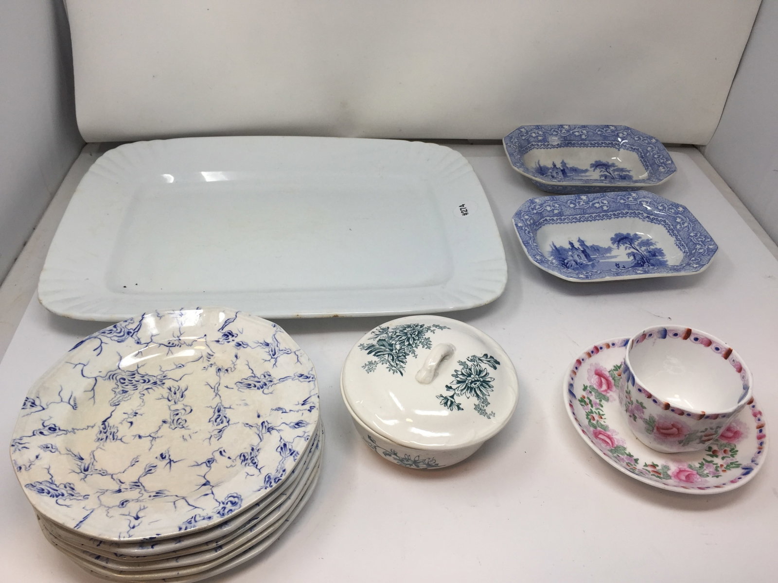 Transferware Lot: Includes a 16" x 12" ironstone platter, handleless cup & saucer and more.