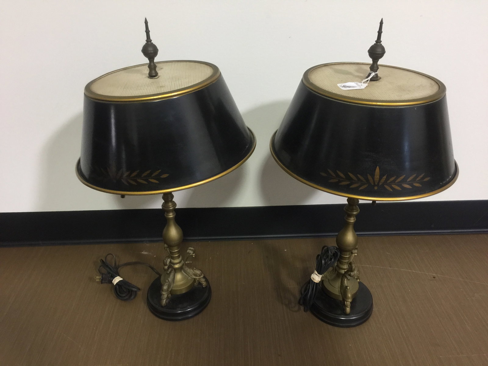 Ornate Dolphin Based Tole Lamps: hand painted shades with tri dolphin based lamps. 24"H