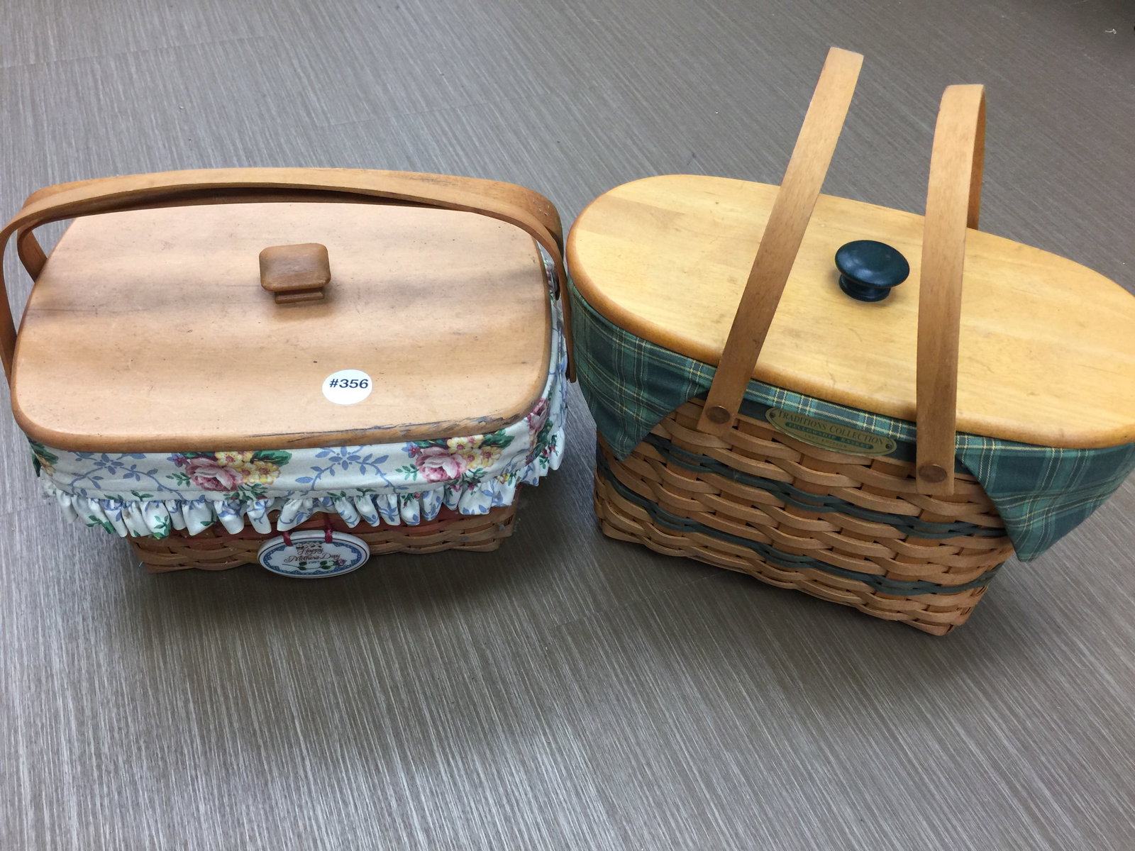 2 Longaberger Baskets: Both with lids. Tallest 12" x 12".