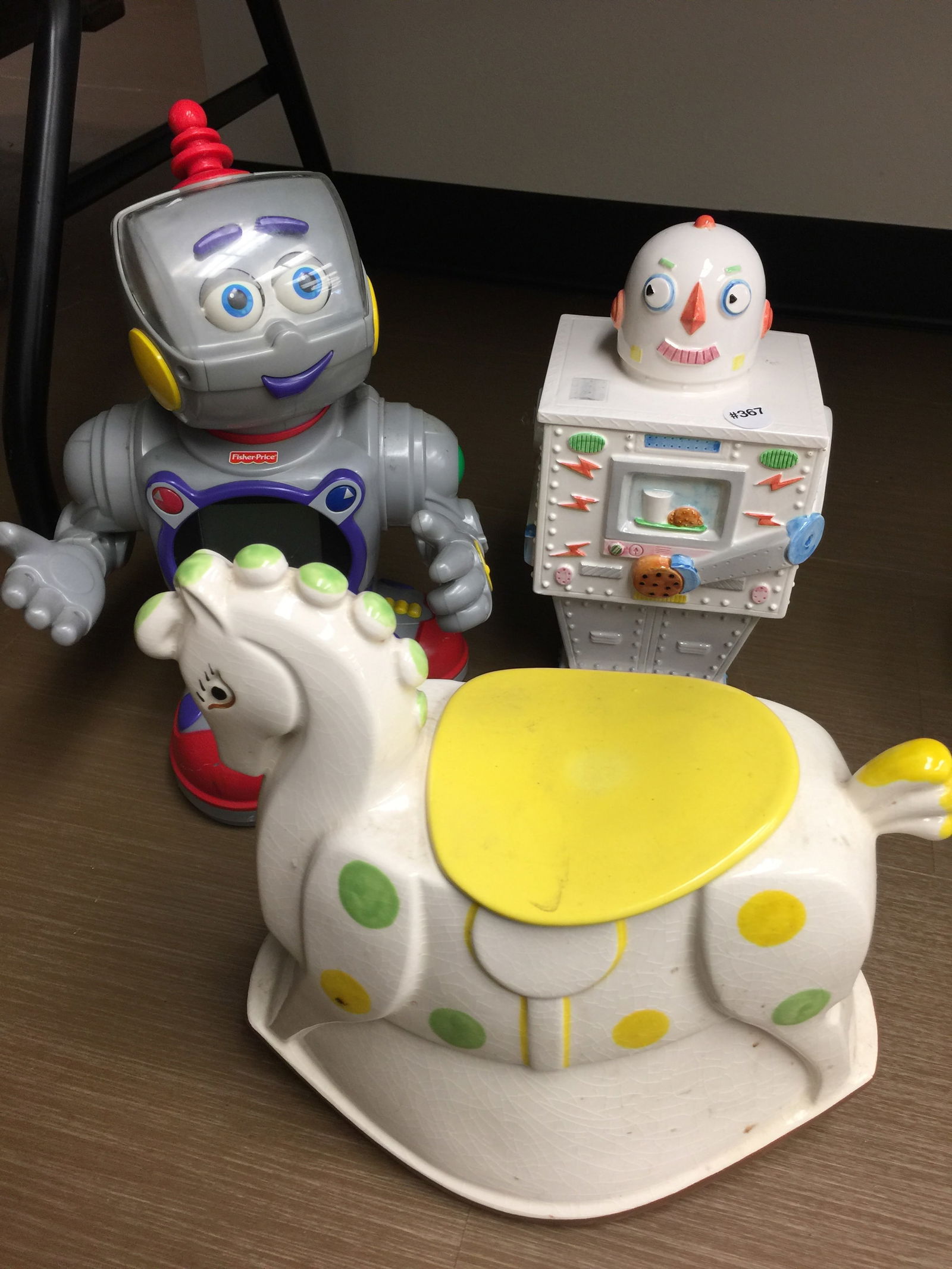 Cookie Jars & Robot: Includes a plastic 14" H Fisher Price robot, Horse cookie jar & robot cookie jar.