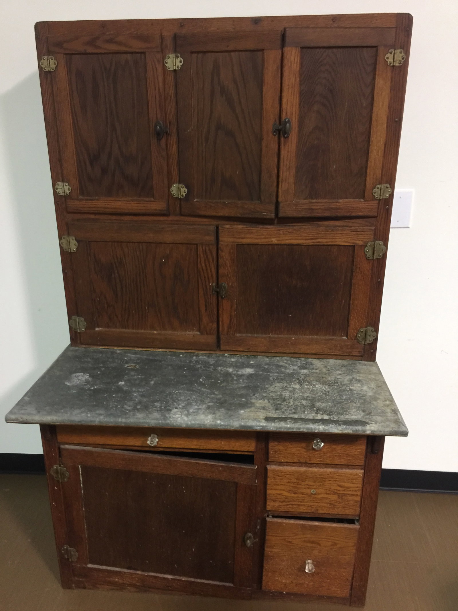 Antique Oak Hoosier Cabinet: 68" x 41" x 28", 2 pieces, has sifter