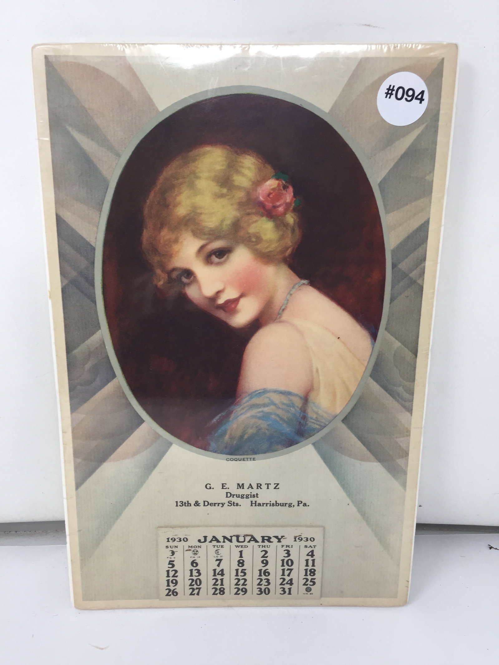 1930 Harrisburg Adv Calendar: GE Martz Drugest January 1930. 8.5" x 13".