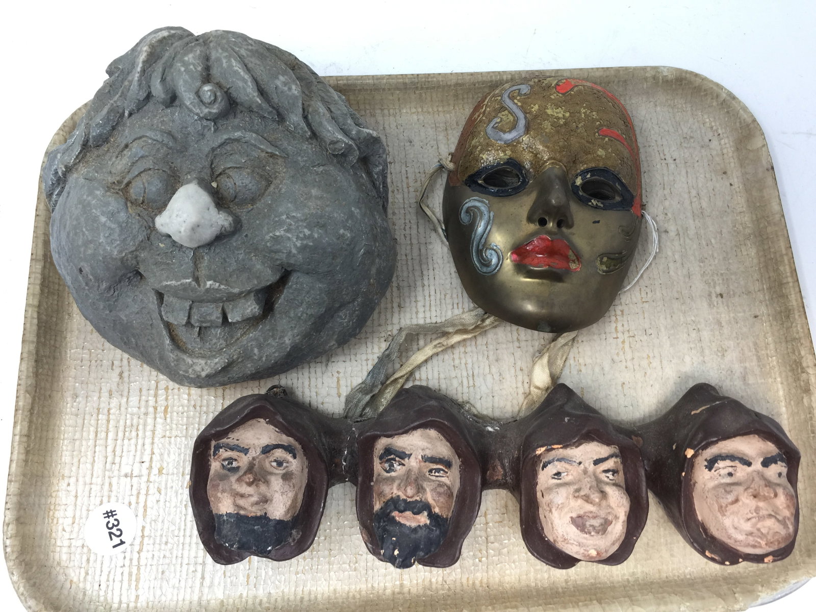 Mixed Lot: brass masquerade mask, plus. 8"L.