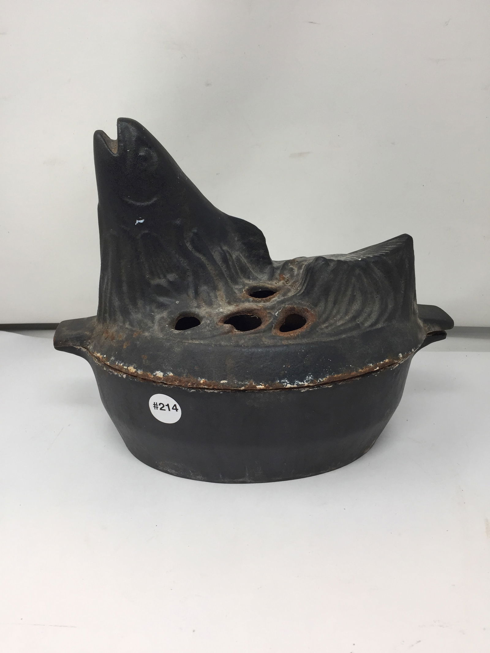 John Wright Cast Iron Covered Fish: 2 pieces, signed on bottom, 10" x 12" x 6"