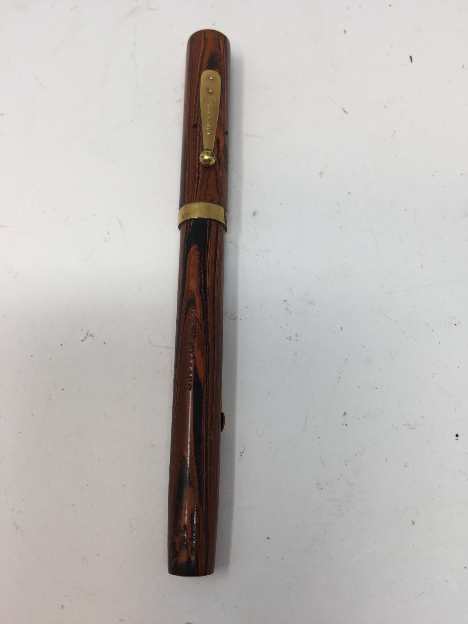 Antique Waterman Red Ripple Fountain Pen 52: 5 1/2", signed on NIB, numbered on bottom