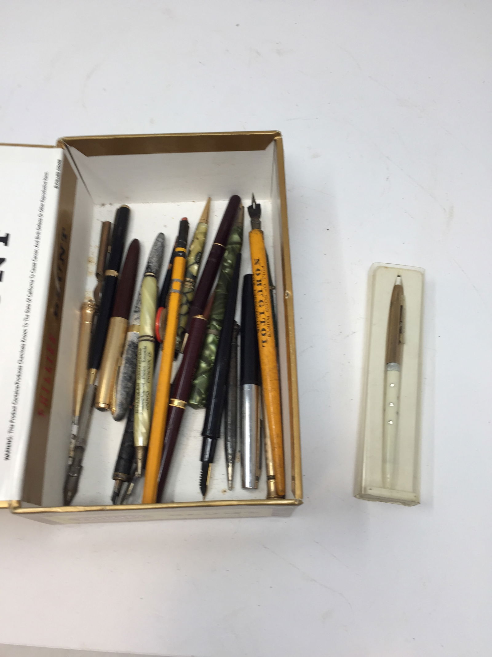 Vintage Pens and Pencils: includes cigar box 9" x 6"
