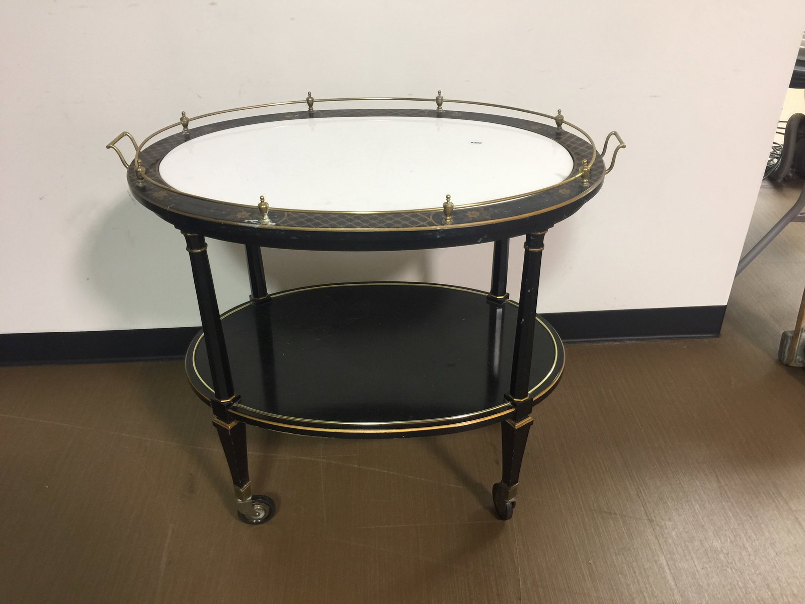 Oriental Design Tea Cart: 34" x 30" . Has a porcelain insert.