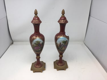 Pair of Hand Painted Mounted Urns