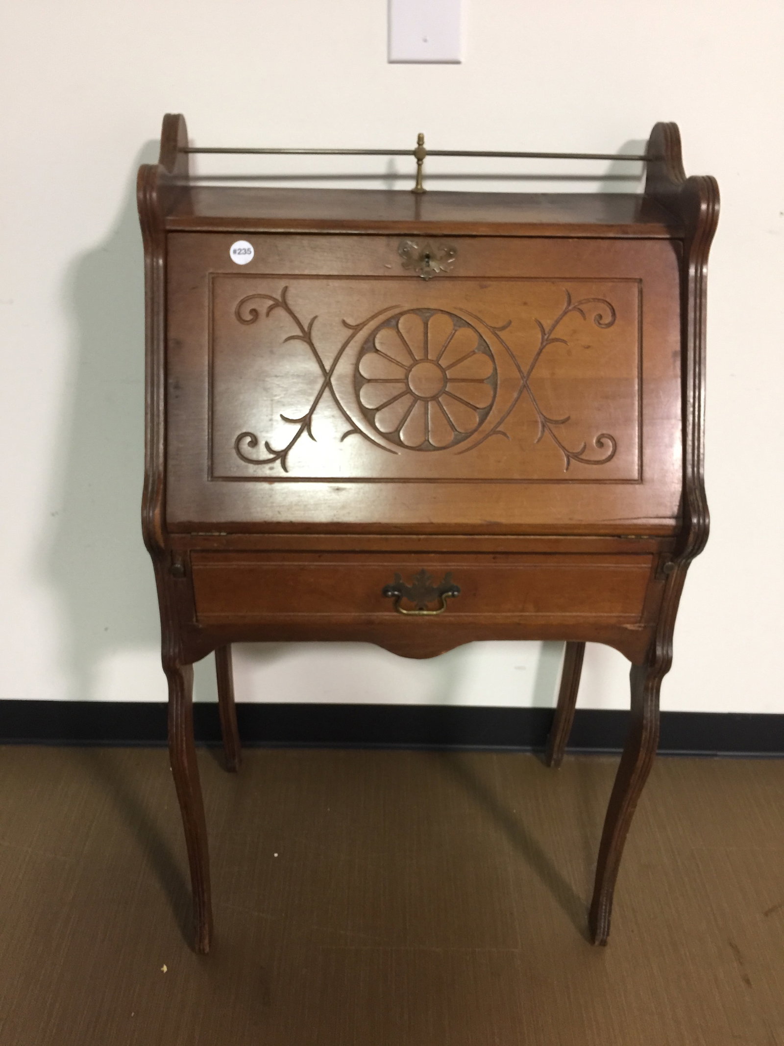 Antique Ladies Desk: 42" x 24" x 16", has single drawer, brass gallery, cabriole legs, and original interior