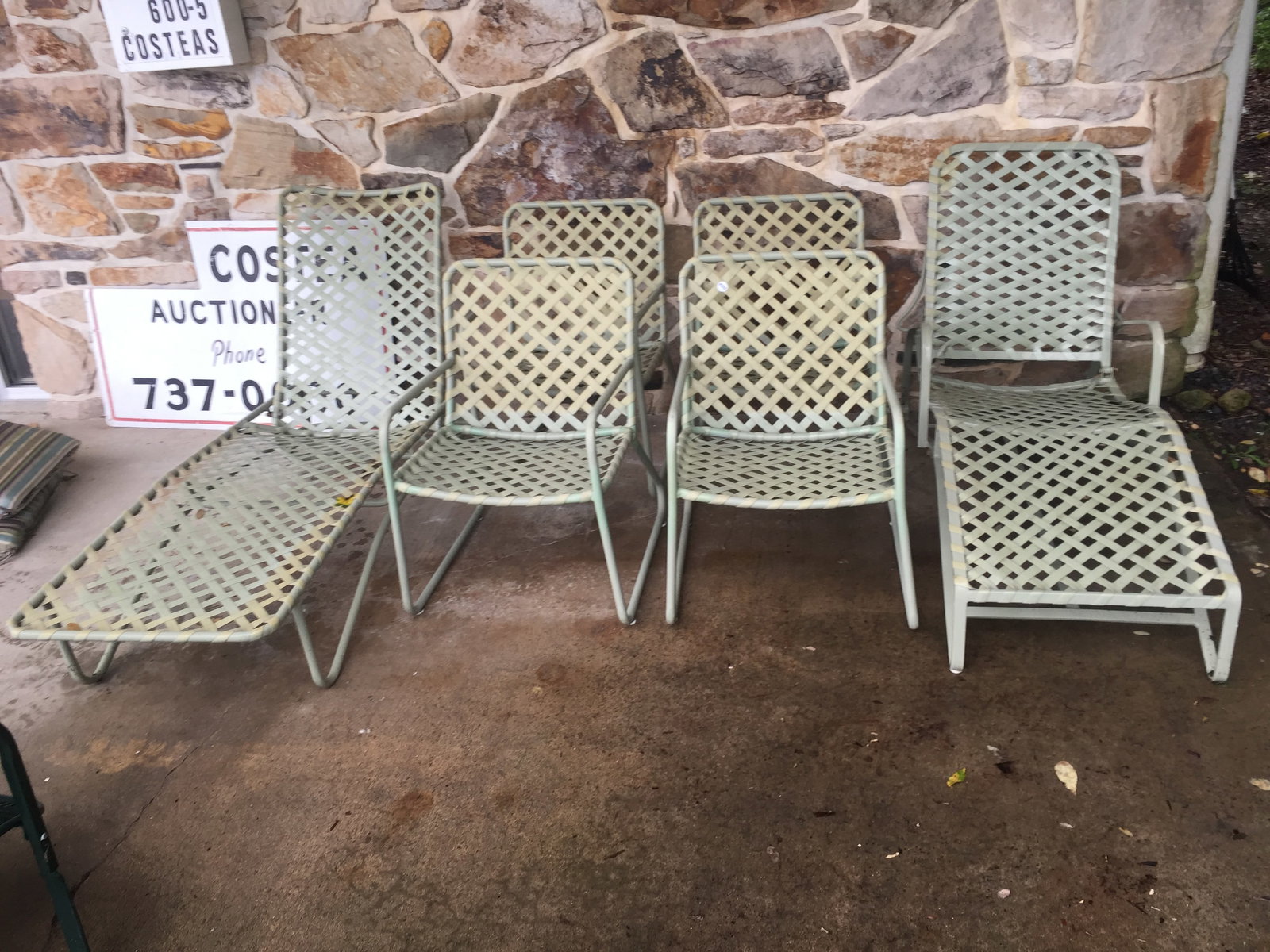 Six Vintage Outdoor Chairs: pair of chaise lounges 40" x 58" x 22", 4 matching upright chairs are 32" x 22" x 25"