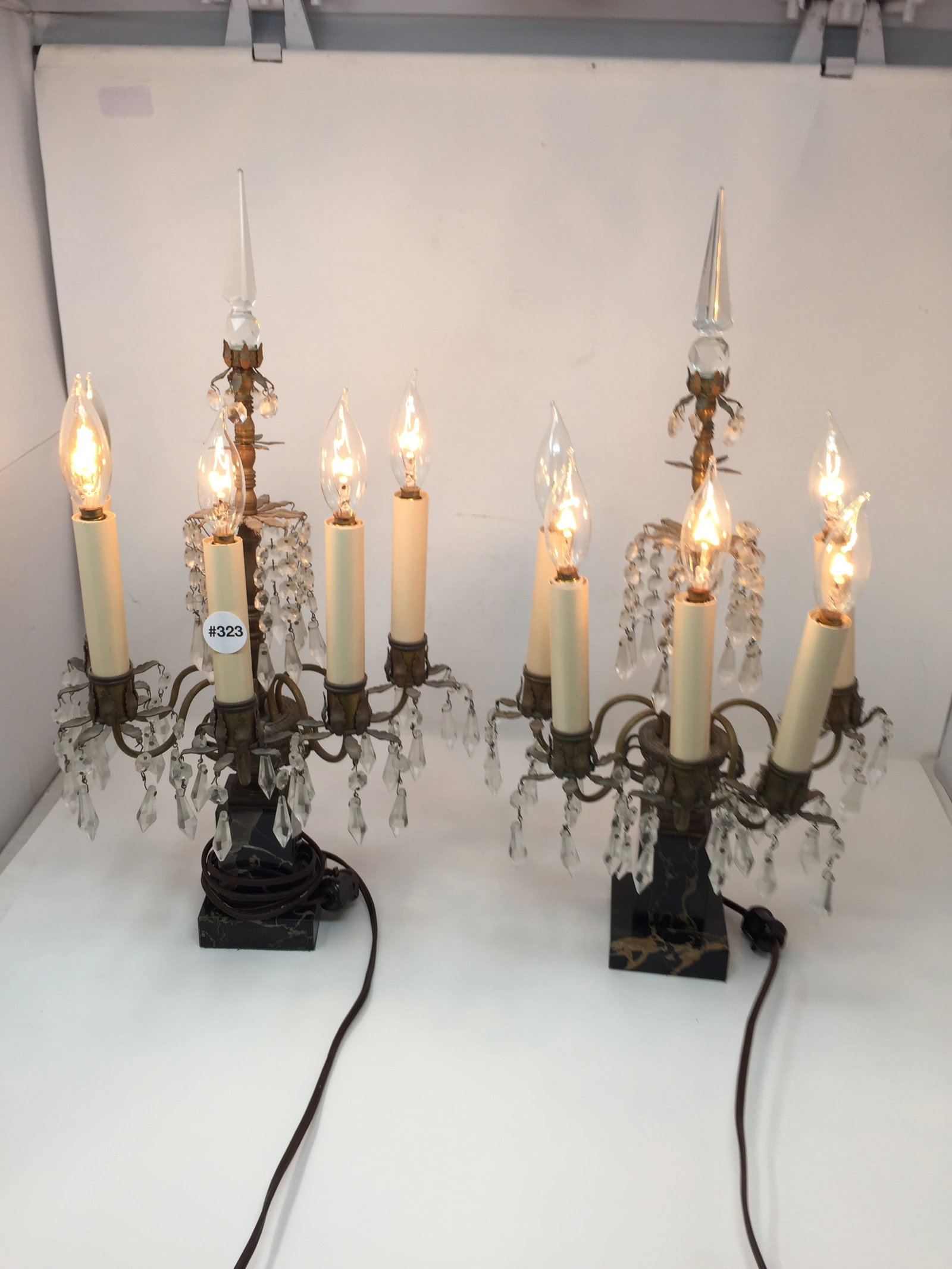 Pair of Marble Lamps with Prisms: sits on solid marble bases, has all matching prisms, 20" x 10" x 5"