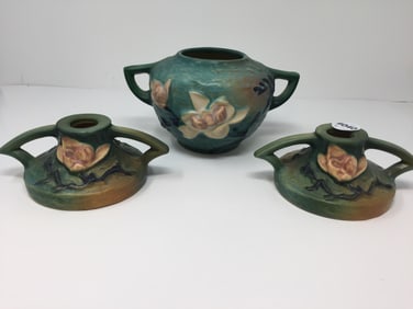 Pair of Roseville Candlesticks & Planter