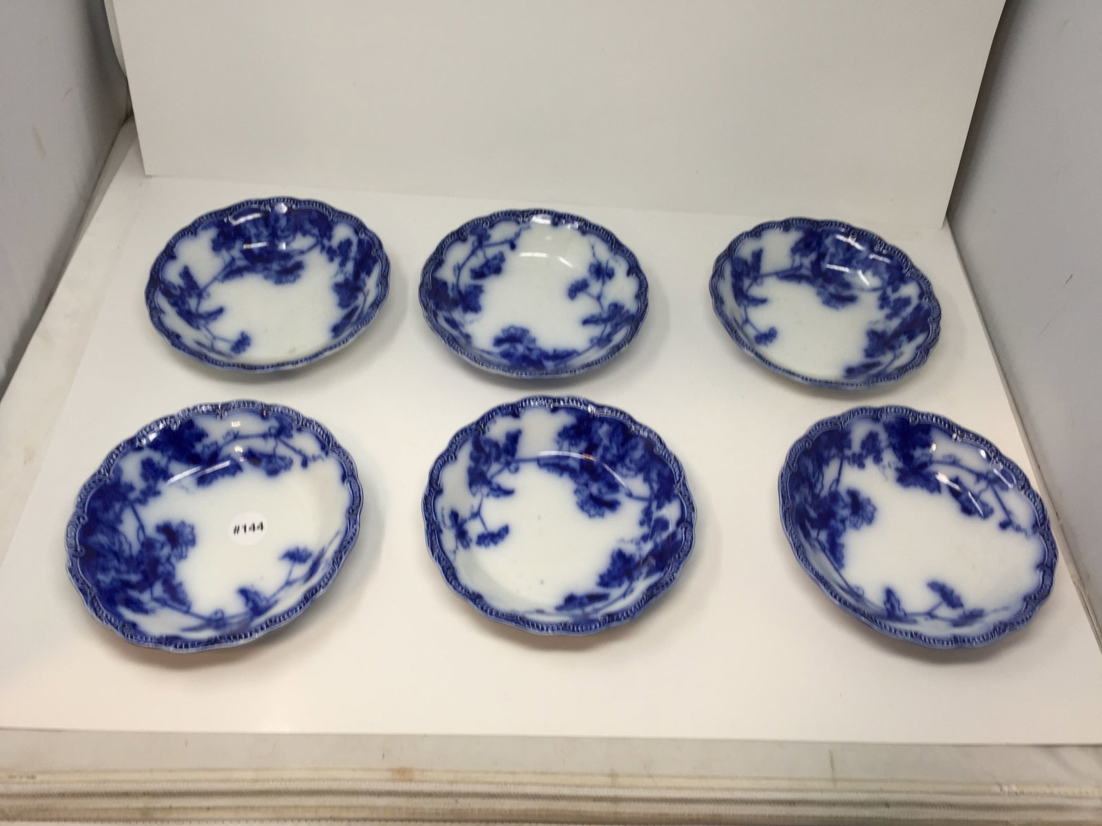 Set of Six Flow Blue Bowls: matching set, 7" round, Lonsdale