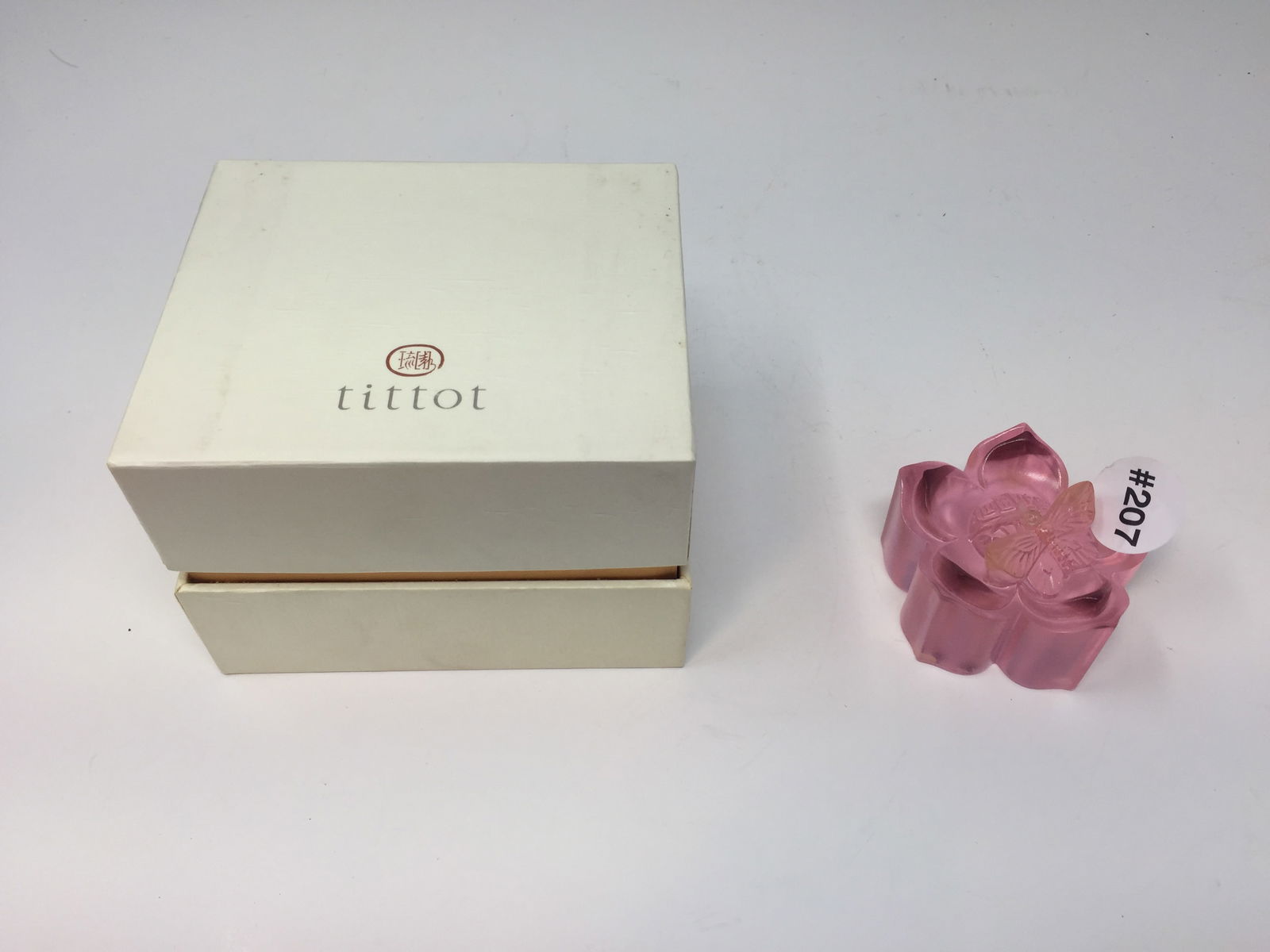 Tittot Chinese Art Glass Paperweight: Has original box. Signed on base with character marks. 1.5" H.