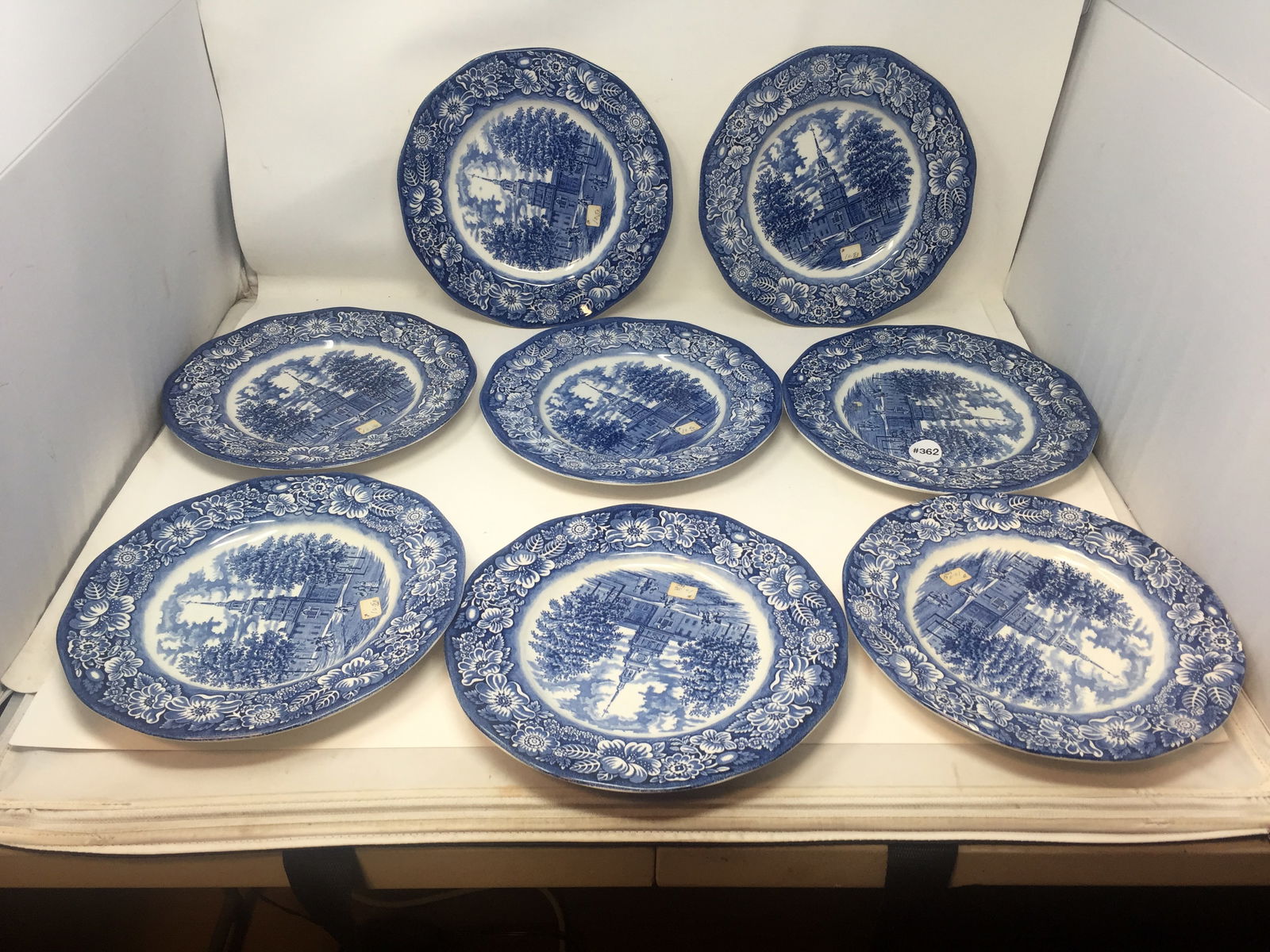 Grouping of Liberty Blue Dinner Plates: All Independence Hall. 10" W.