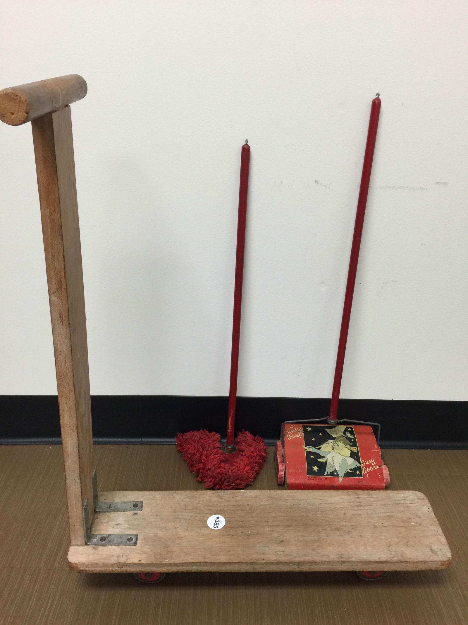 Vintage Childs Toys: Includes a 26" x 20" wooden scooter, a Susie Goose broom & mop.