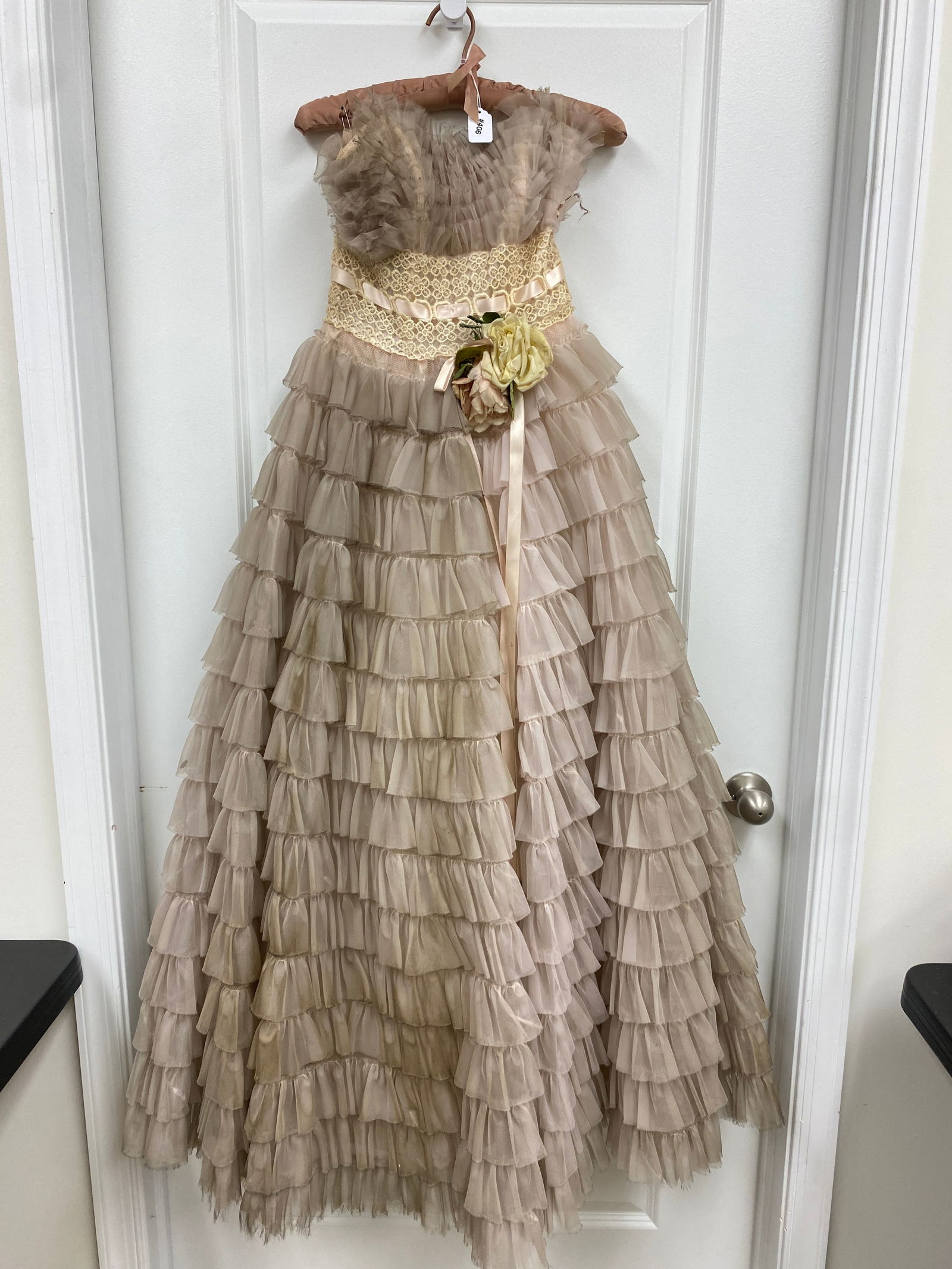 Vintage Prom Dress: Bustier top, three layer bottom, flowers at waist. Approx. 54" H.