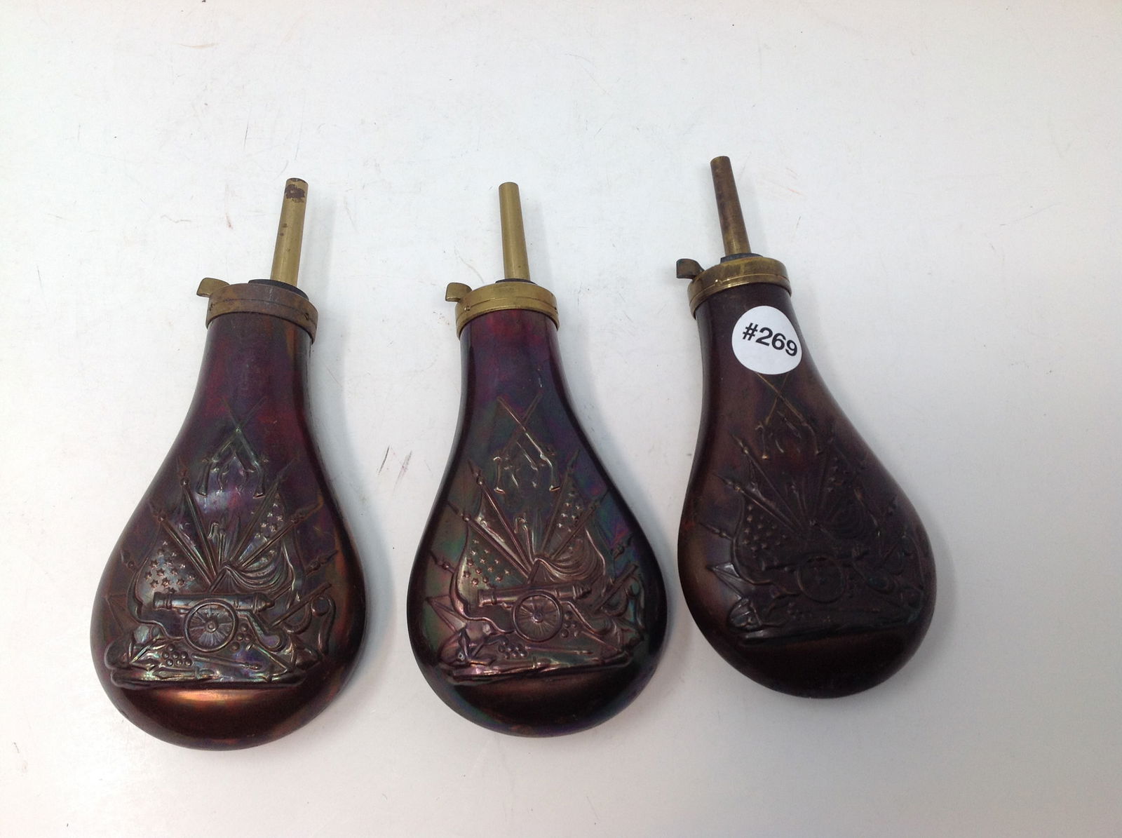 3 Copper Powder Flasks: All 8".