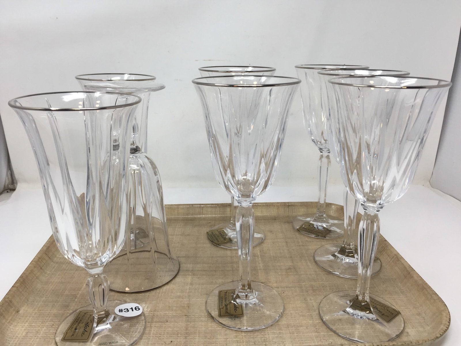 Set of 8 Noritake Crystal Glasses: Larger 8.75" H, smaller 8" H.