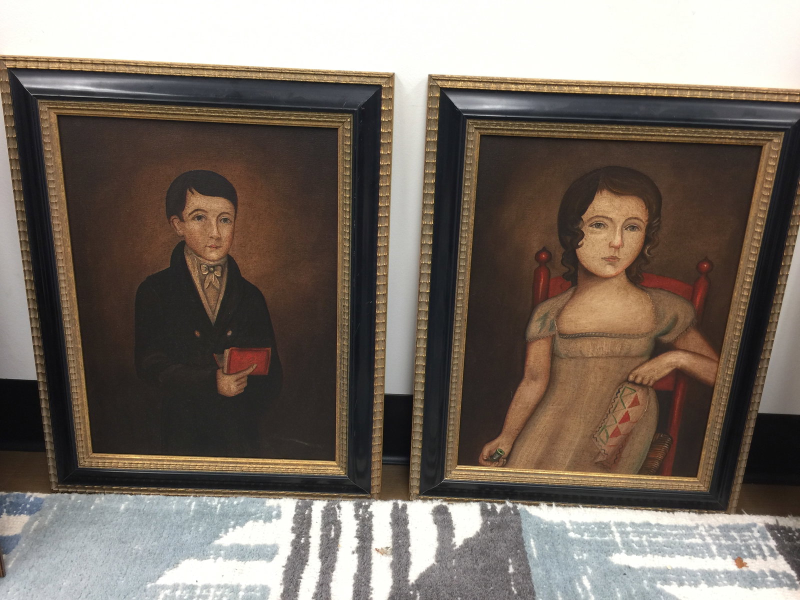 Pair of Children Portrait Paintings: Matched frames 16" x 20".