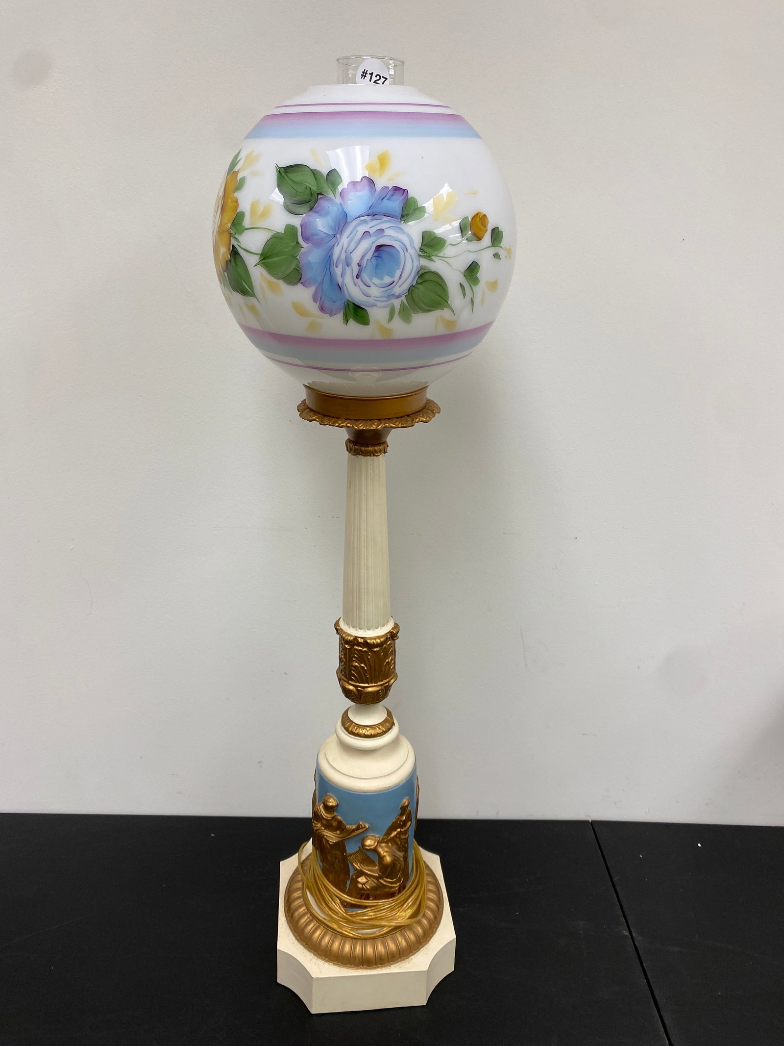 Antique Banquet Lamp: base is 36" tall, hand painted shade is 9" round