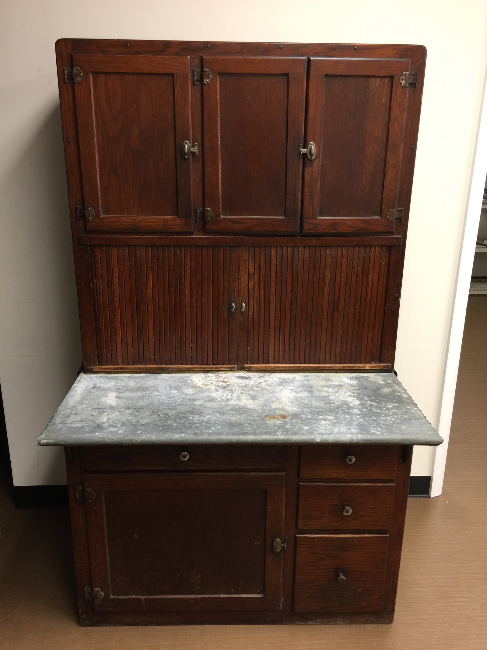 Antique Oak Hoosier Cabinet: 2 pieces, 71" x 42" x 28", has working tambour doors