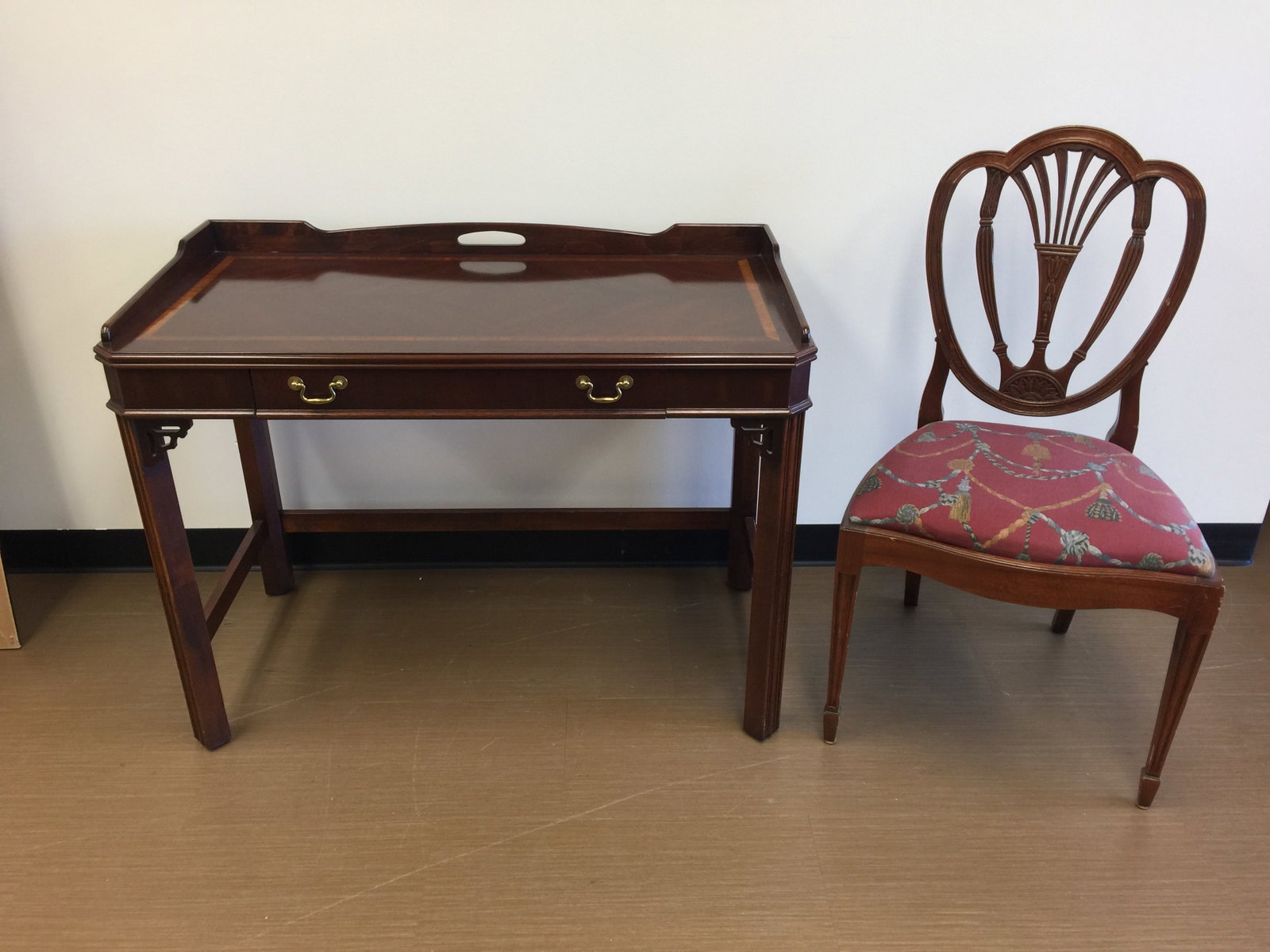 Lane Writing Desk and Chair: desk has band inlay to top and is 32" x 42" x 22", includes chair by Hickory Co.