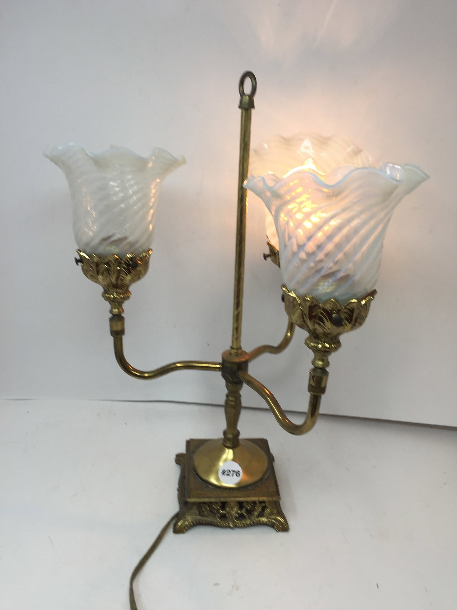 Brass Lamp with Opalescent Swirl Shades: 18" x 12" x 12"