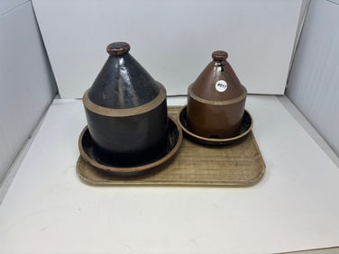 (2) Stoneware Chicken Feeders