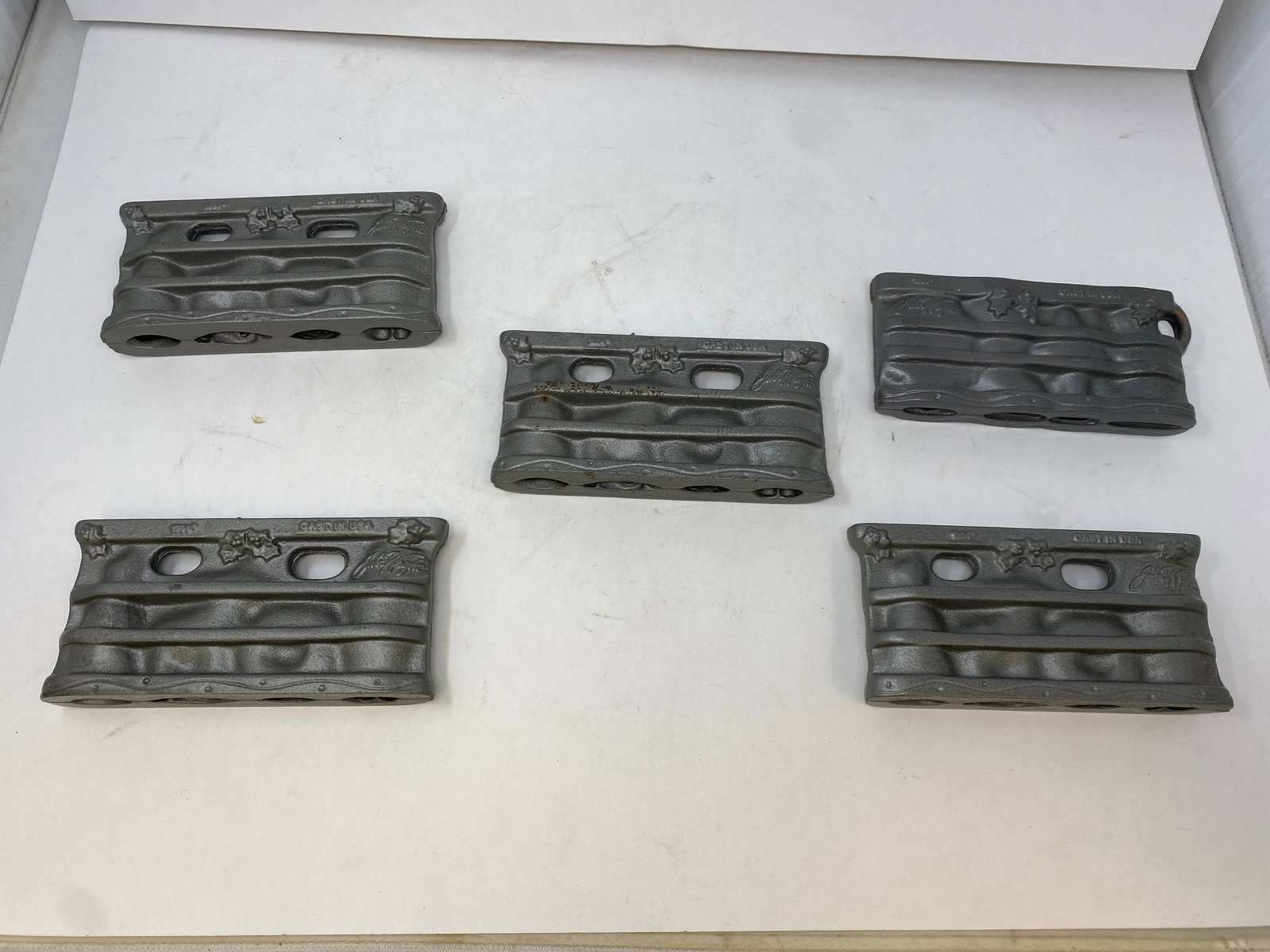 (5) John Wright Candy Molds: 7" x 4", all are signed, all Christmas theme, heavy cast metal