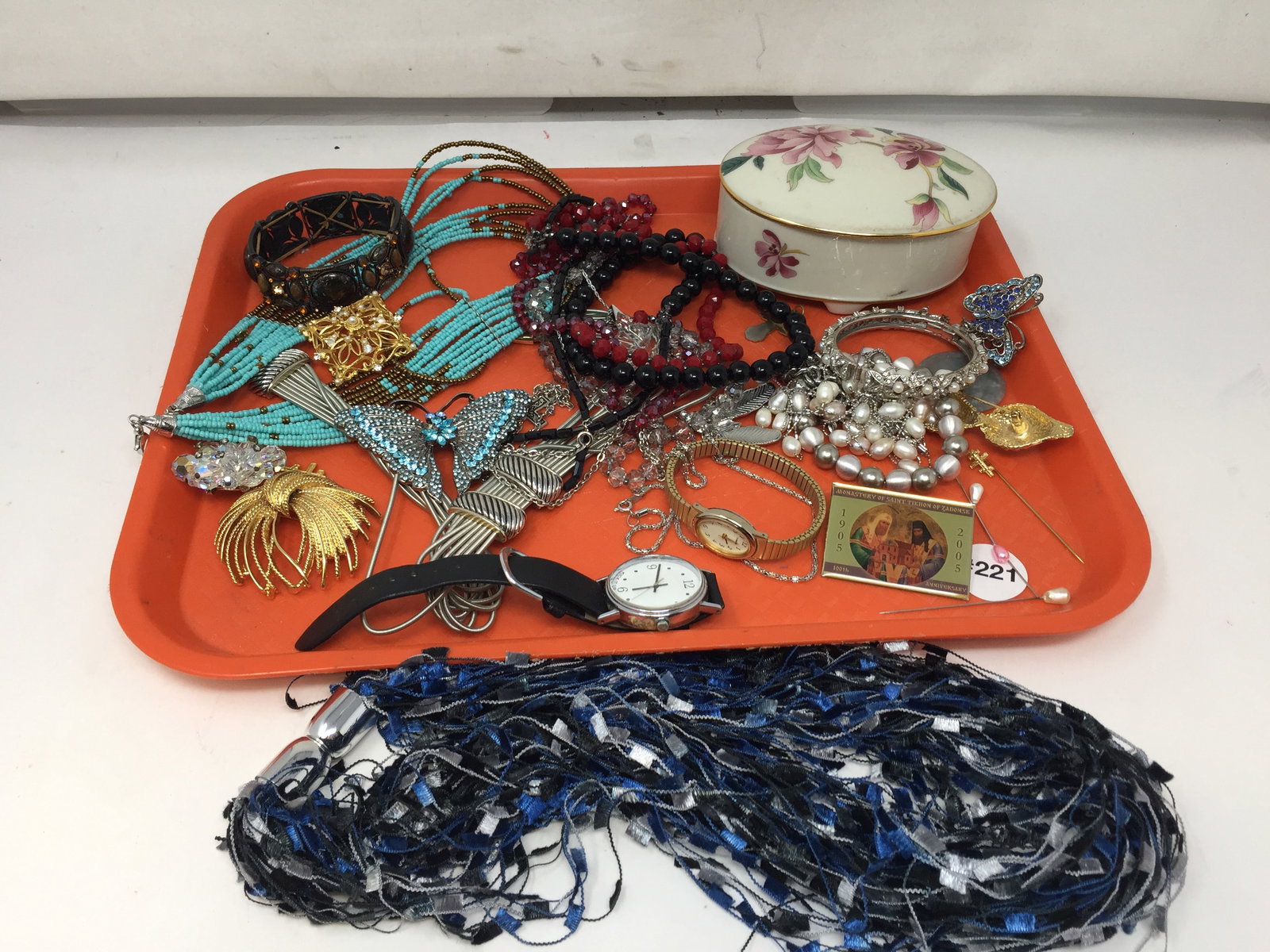 Mixed Costume Jewelry Lot: Includes bracelets, pins, necklaces, rosaries and more.