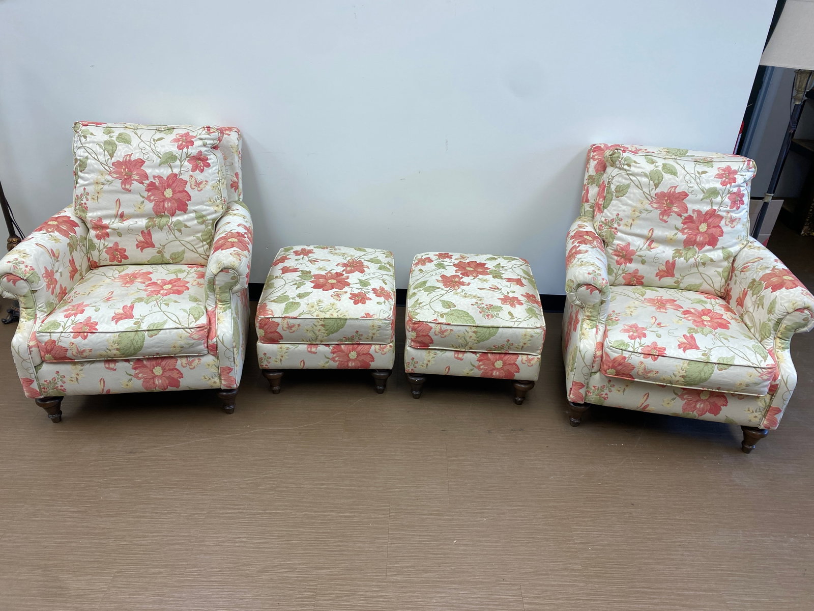 Pair of Bassett Upholstered Chairs: chairs are 36" x 40" x 30", matching ottomans are 16" x 26" x 22"