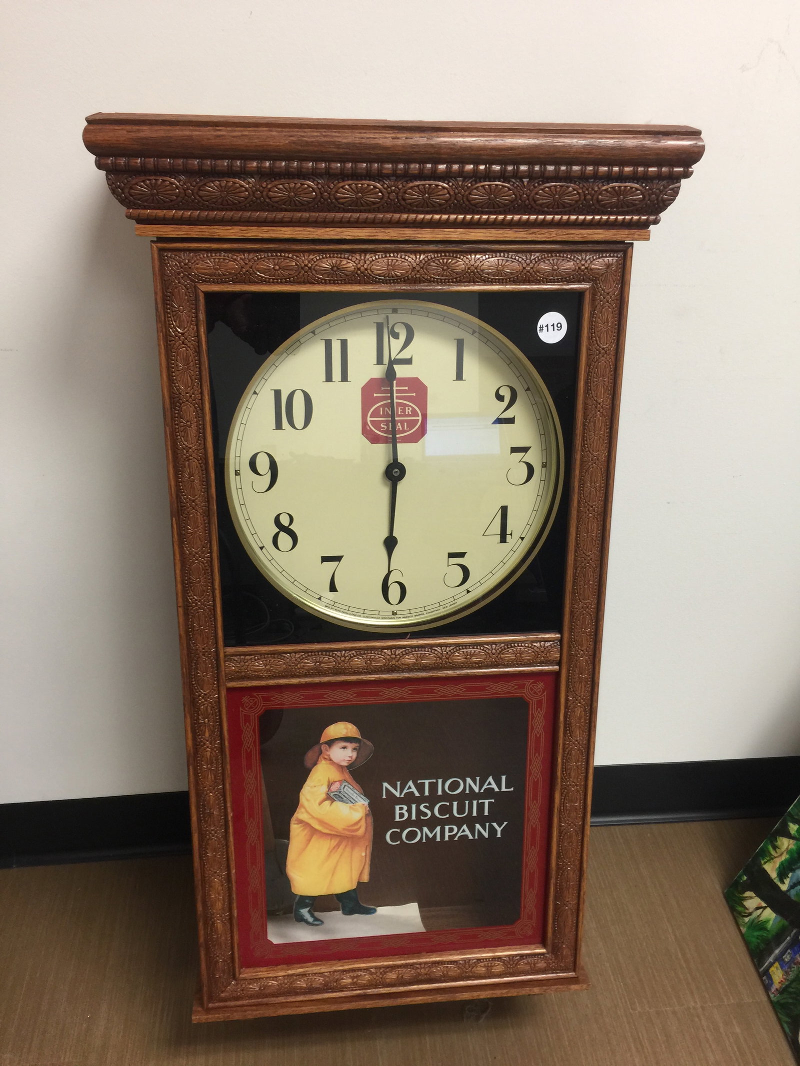 Oak Advertising Regulator Clock: 36" x 18" x 6", includes pendulum