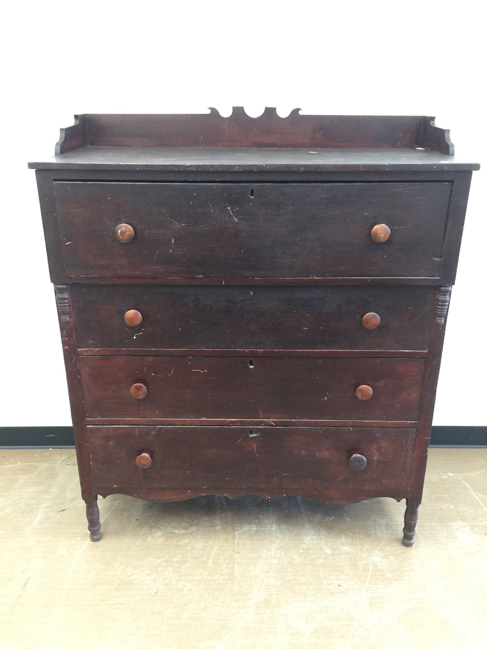 Sheraton Chest: period circa 1830, 54" x 41" x 20", has dovetailed gallery, soft wood with dark stain, sits on good tall feet