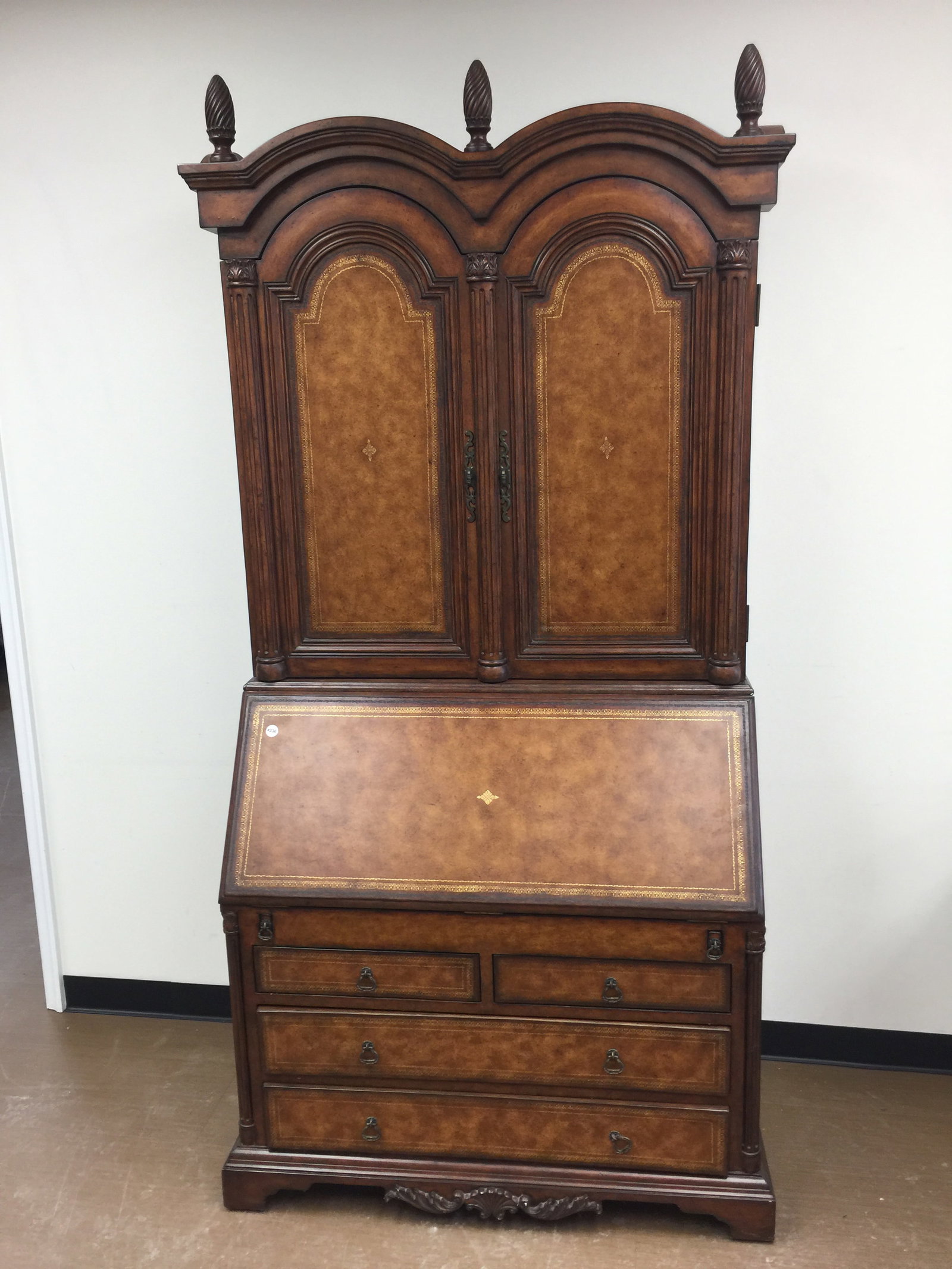 Maitland Smith Style Secretary Desk: 2 pieces, 90" x 42" x 24", burl wood with leather, desk has many interior drawers, blind double door top