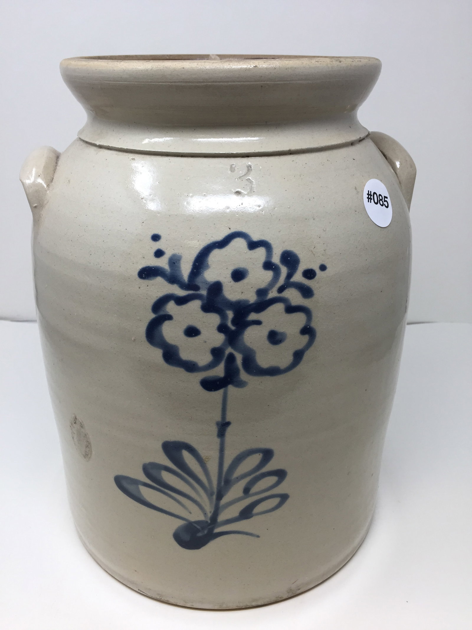 3 Gallon Stoneware Crock: 12" H. Floral blue decoration.