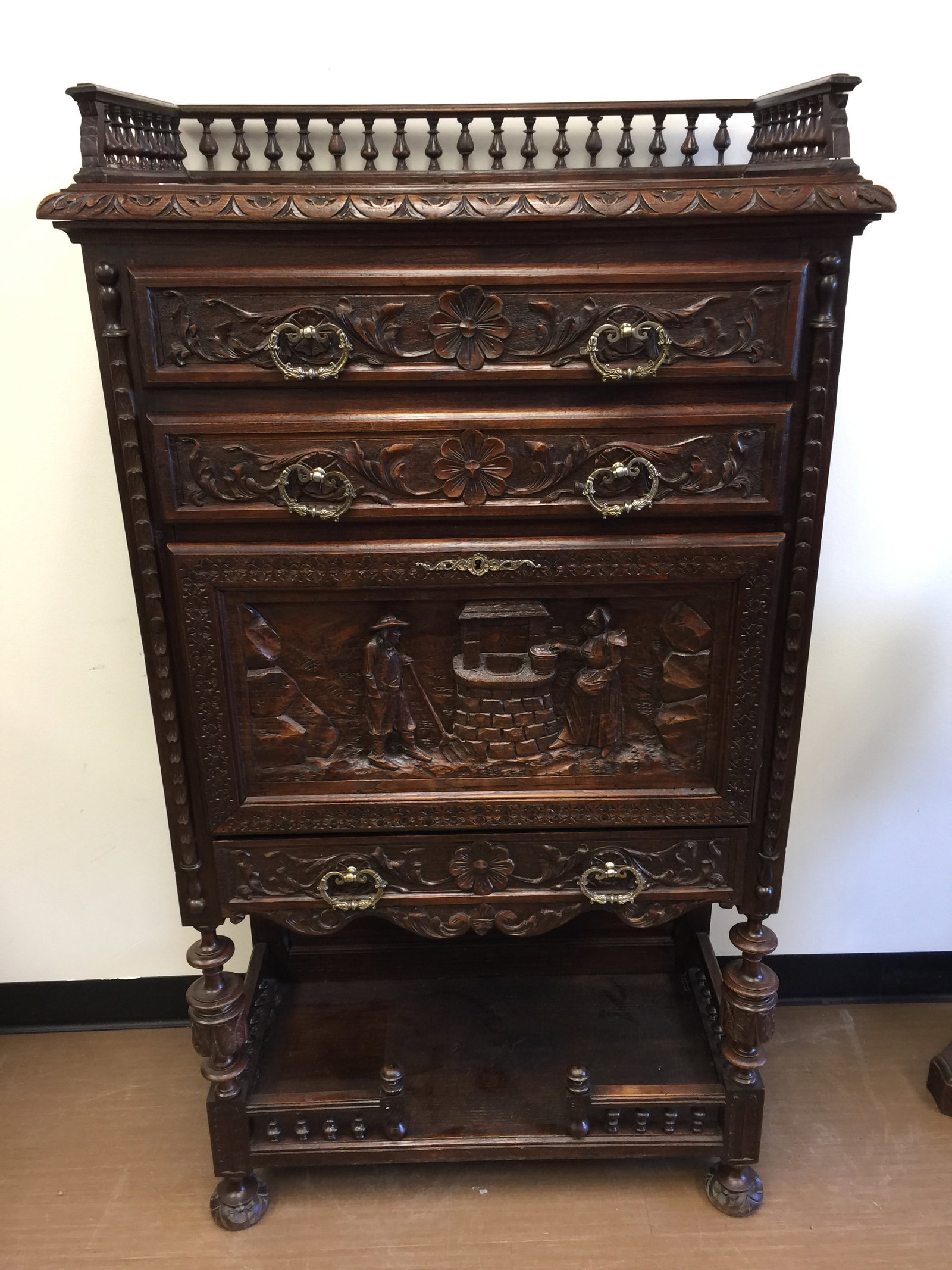 European Carved Antique Desk: Ornately carved. 33" x 16" x 59".