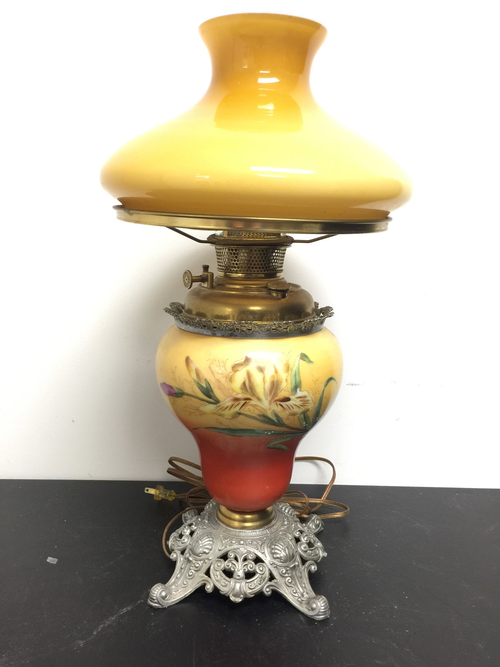 Antique Bradley and Hubbard Lamp: parlor lamp with hand painted base 24" x 12", signed on dial