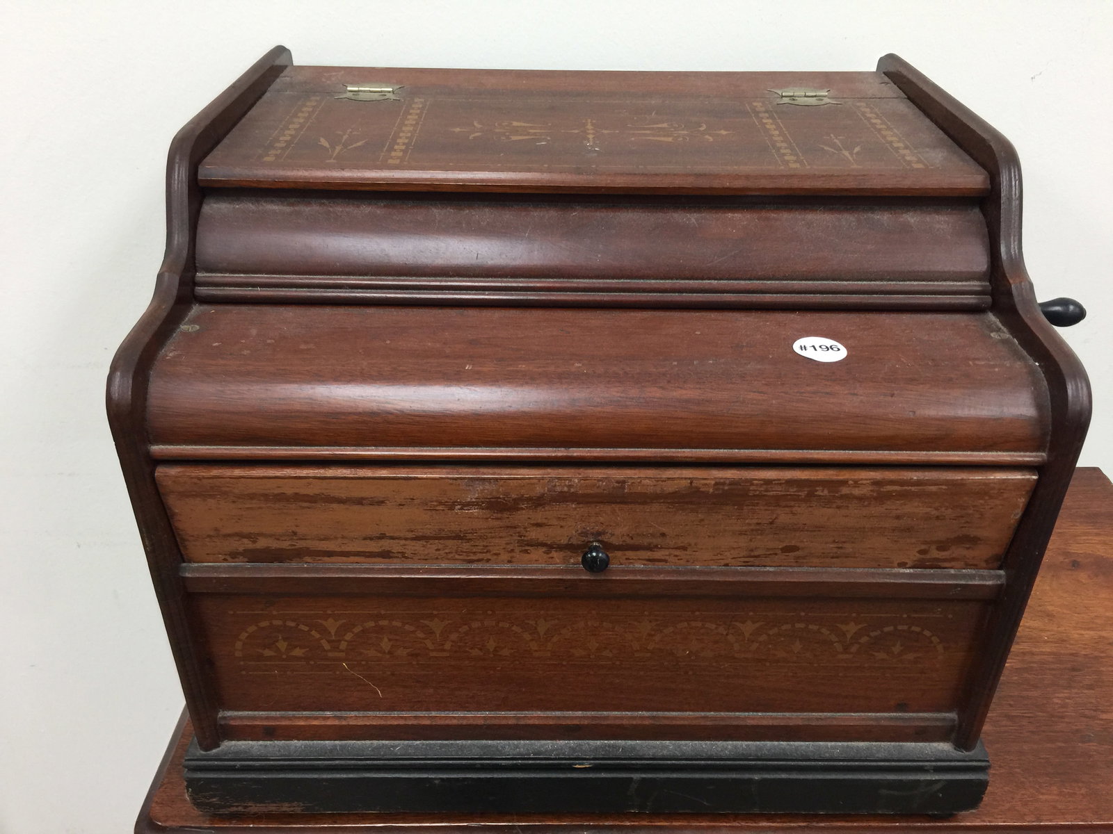 Antique Symphonia Roller Organ: mahogany case with inlay is, includes both handles, made by Wilcox and White Organ Co.