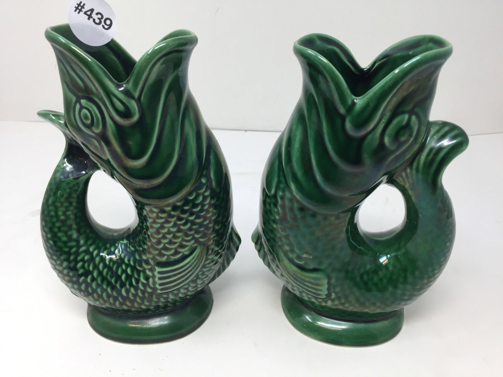 Pair of English Fish Majolica Pitchers: 7.5" H