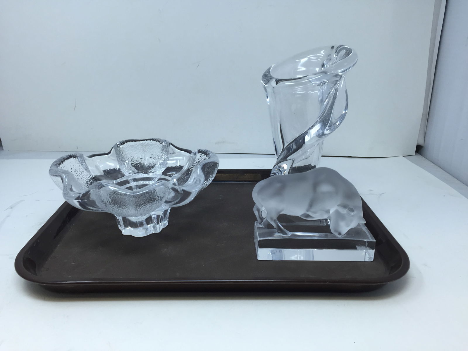 Crystal Lot: Includes an Orrefors bowl, Lalique bull and other crystal signed vase. Largest 7.5" H.