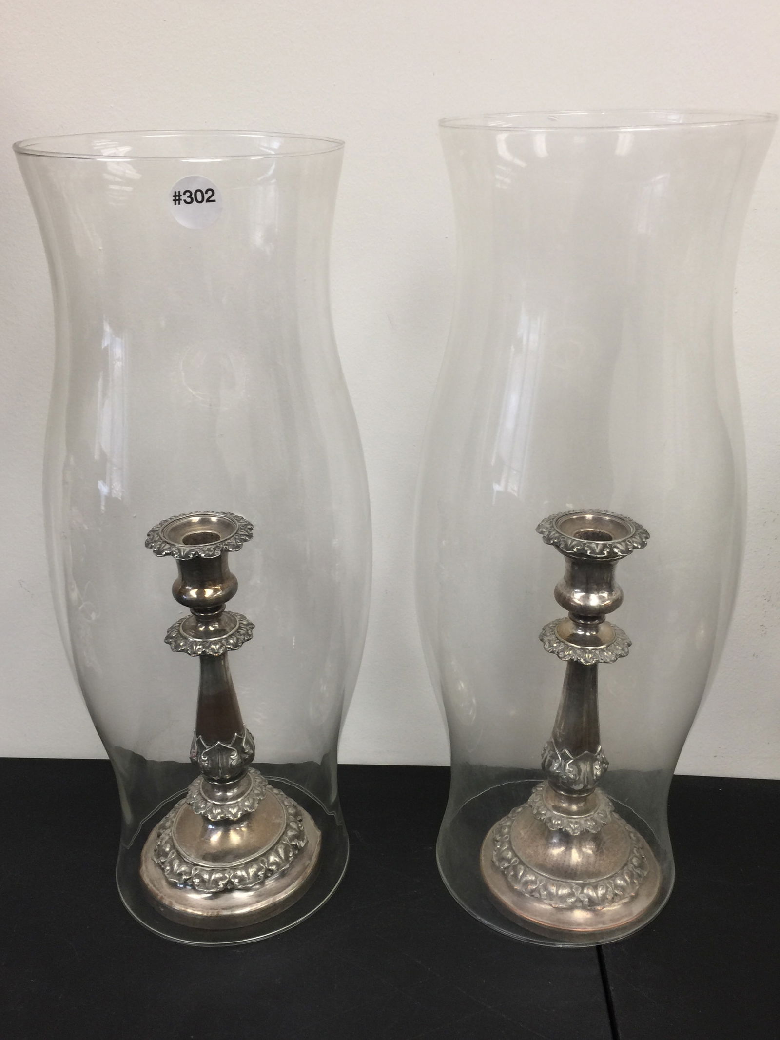 Silver Plate Candlesticks w/ Hurricane Shades: 20"H.