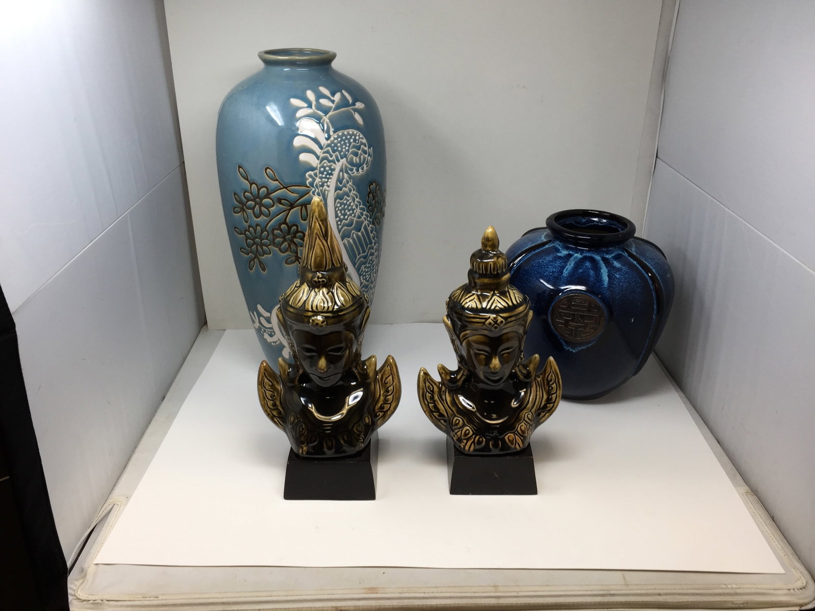 Asian Lot: Includes 2 vases and a pair of busts. All pottery. Largest 19" H.